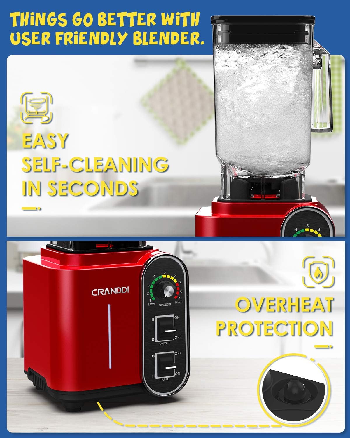 CRANDDI Smoothie Blender 52oz, 1800 Watt Commercial Blenders for Kitchen, Stainless Steel Blade 9 Speed & Self-Cleaning, Build-in Pulse, K98C Red
