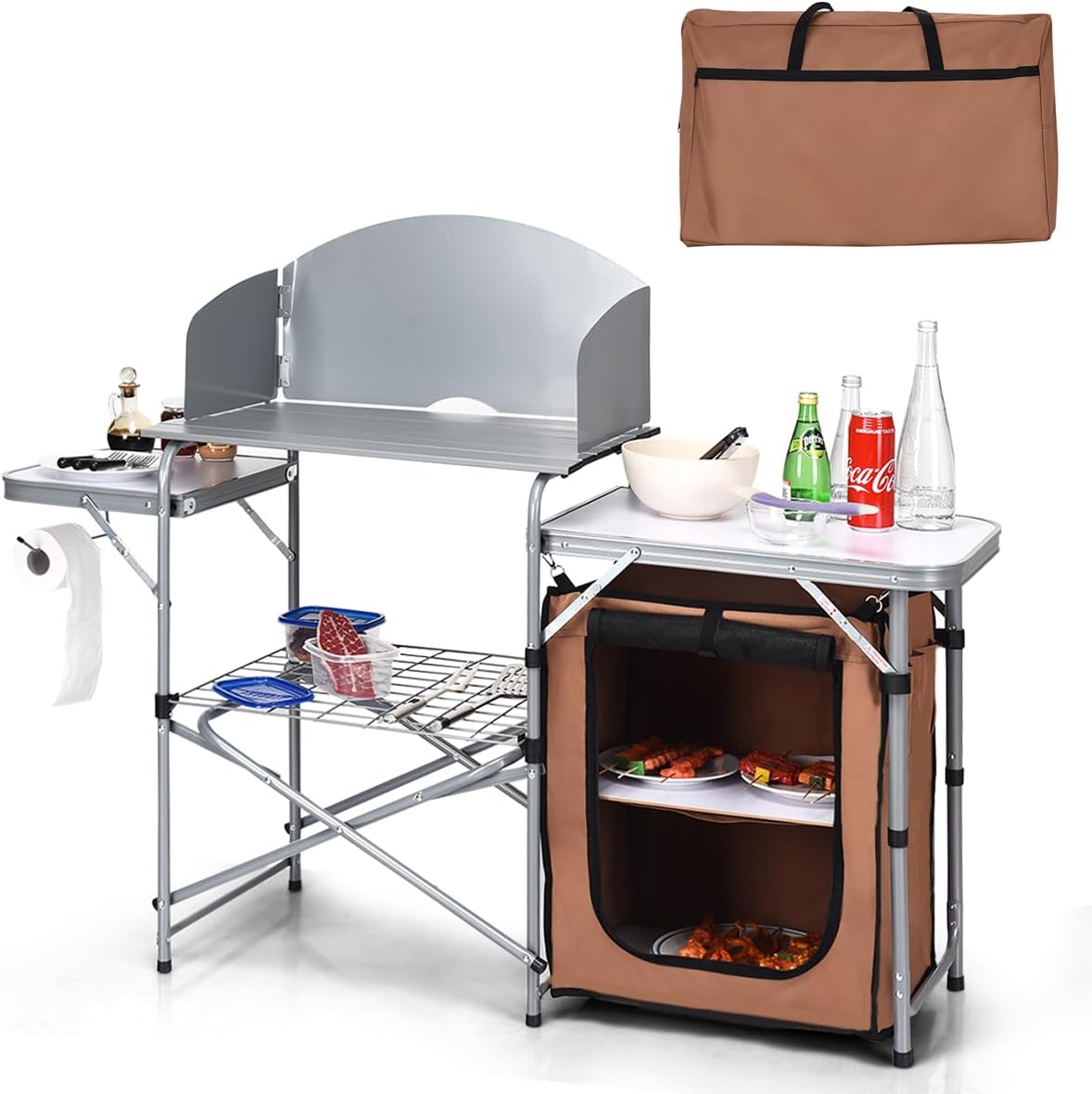 KOTEK Camping Kitchen Table, Folding Camp Table with Detachable Windscreen, Storage Organizer & Carrying Bag, Portable Outdoor Cooking Station for BBQ, Party, Picnic, RV Traveling (Brown)