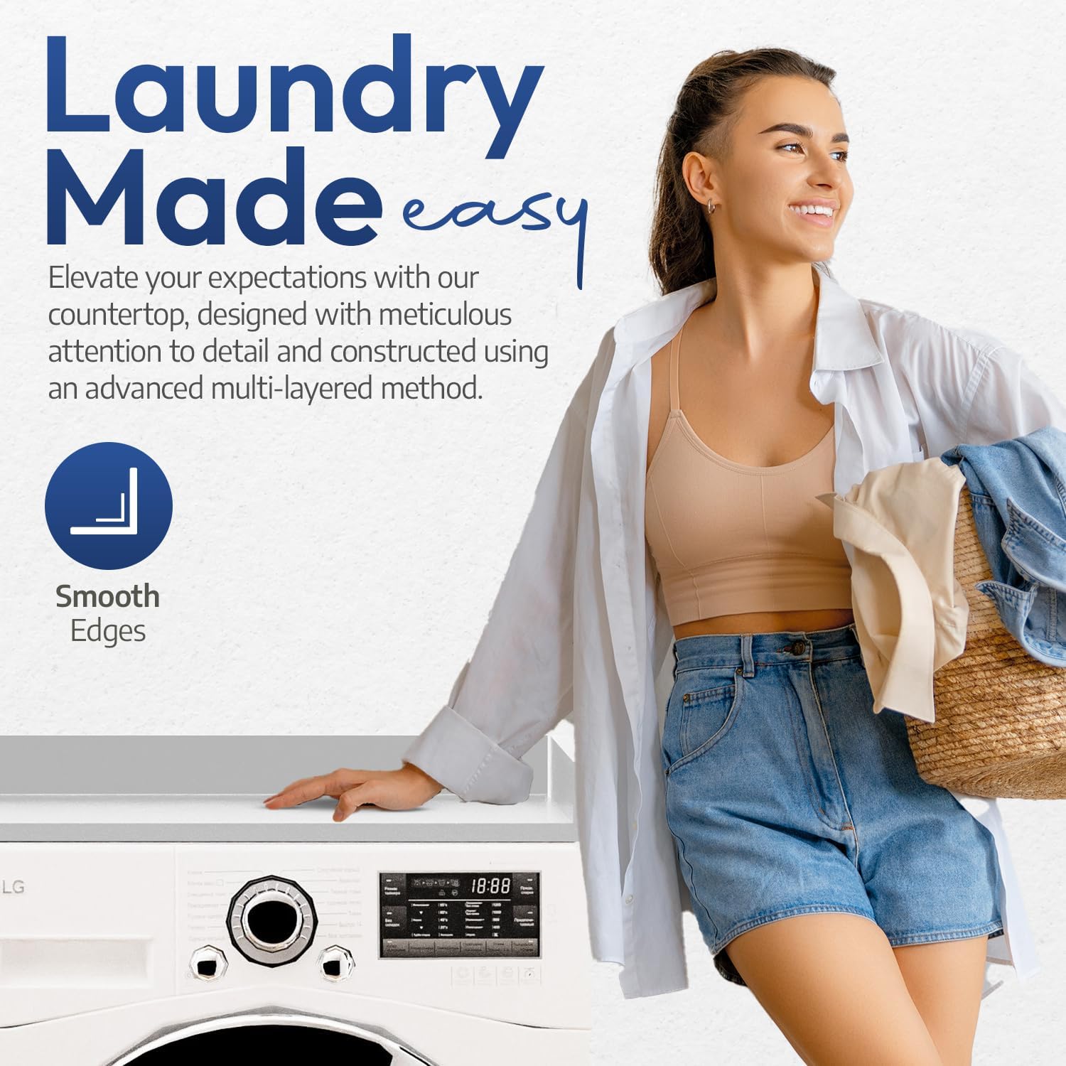 OfficeSimpli Washer Dryer Countertop, Made in USA, Non-Slip Pads, Easy Clean, Laundry Room Essentials and Decor, Washer Dryer Wood Top for Organization (Glacier White, Standard (27.5