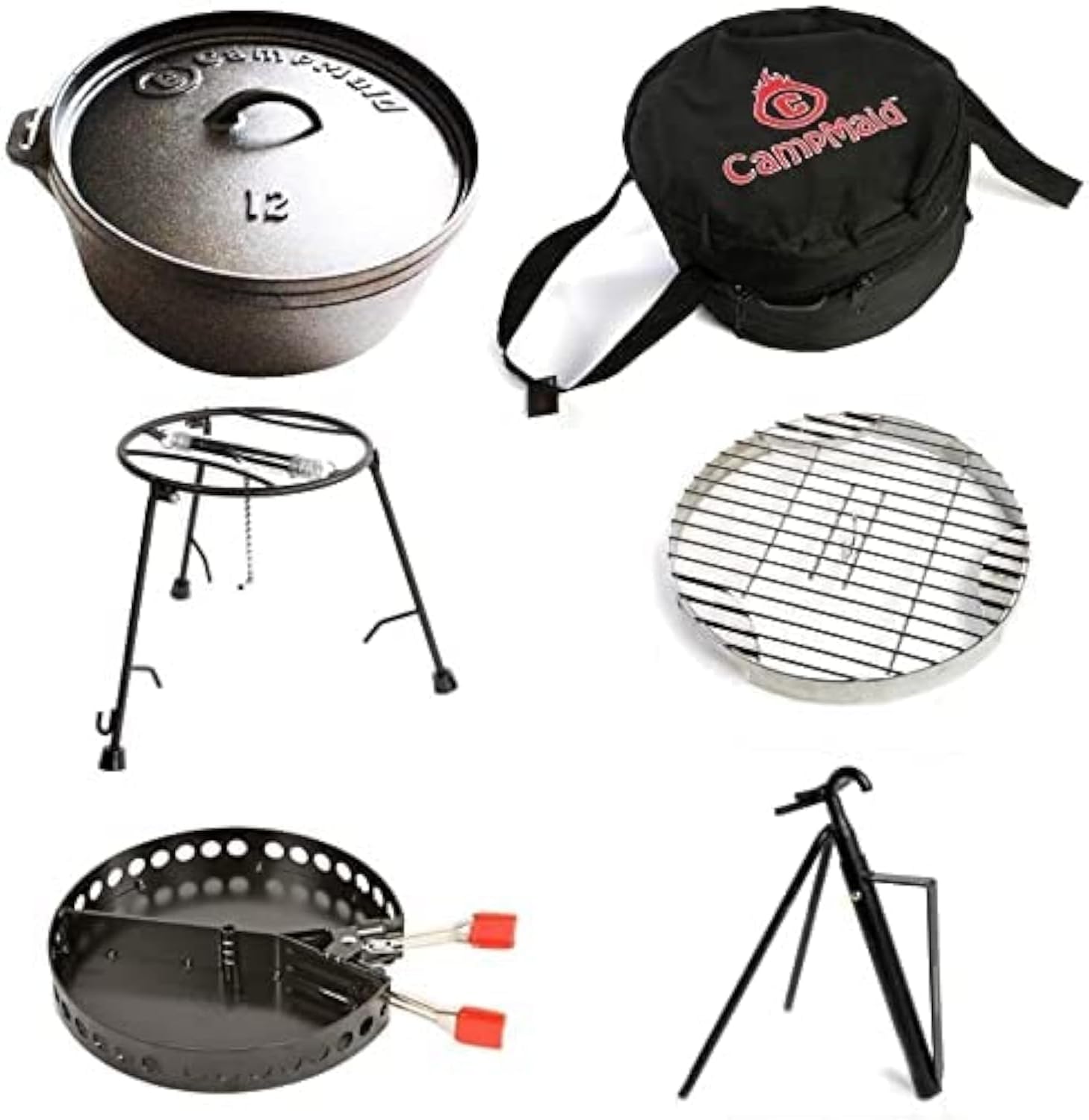 CampMaid Outdoor Cooking Set - Dutch Oven and Tools Set - Charcoal Holder & Cast Iron Grill Accessories - Camping Grill Set - Outdoor Cooking Essentials - Camp Kitchen Equipment - (6 Piece Set)