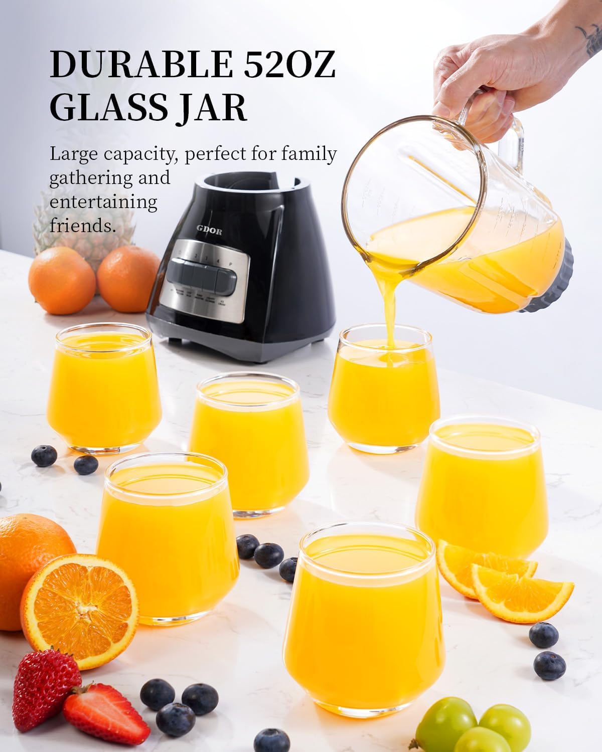 GDOR Blender, 52 Oz Glass Jar, Multi-Function Kitchen Blender & Grinder Combo, 9 Functions with Shakes, Puree, Crush Ice, and Chop, Max 700W, Self Cleaning