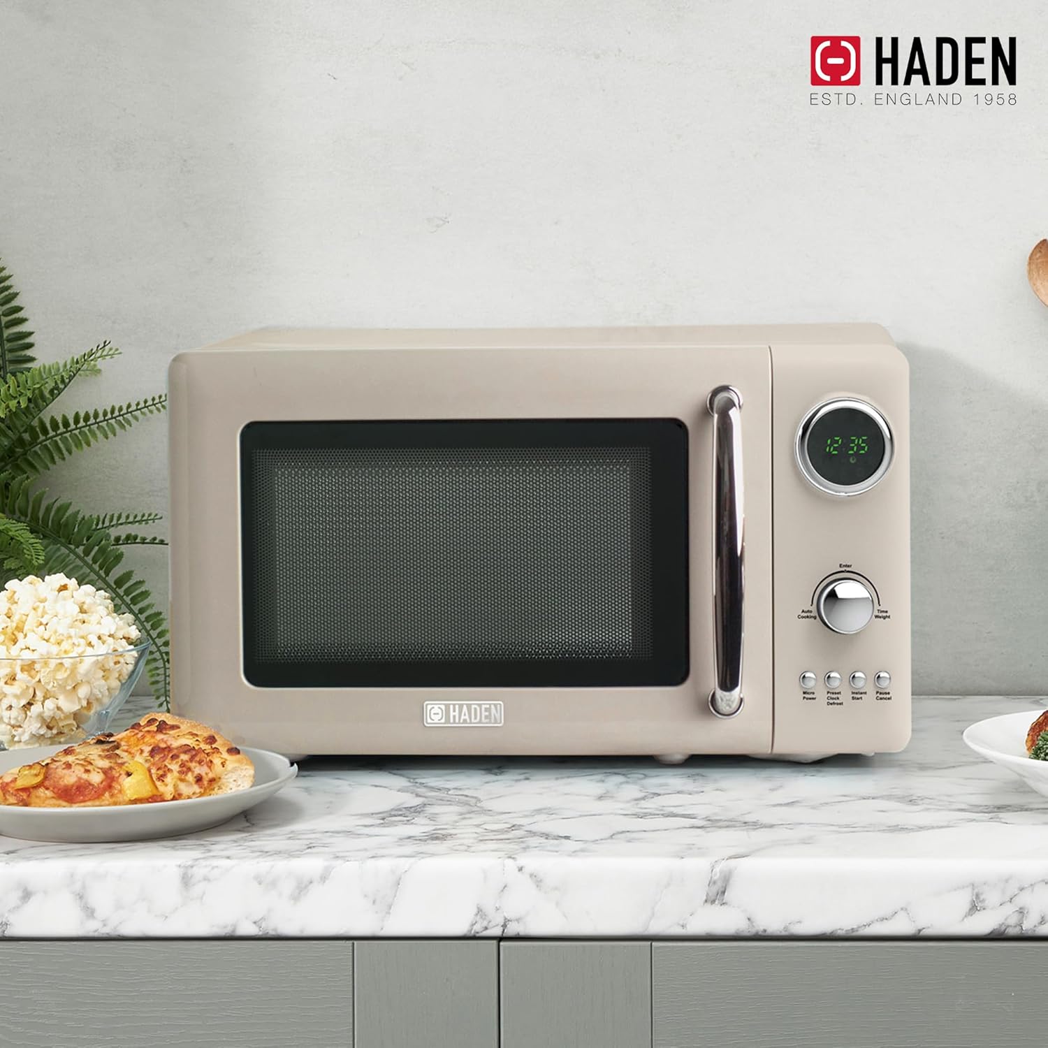 Haden 700 Watt 0.7 Cubic Foot Microwave Oven with Digital Controls, Defrost, and Instant Start Countertop Small Appliance, Putty/Chrome