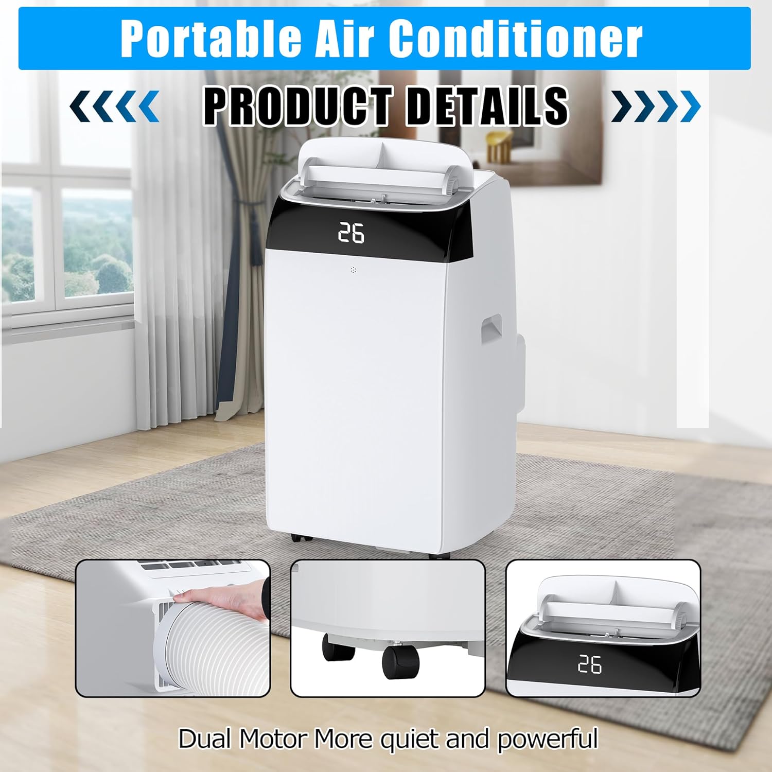Portable Air Conditioner 12,000BTUs Room Air Conditioning Cools Up to 550 Sq.Ft, 3-In-1 AC Unit with Cooling/Dry/Fan Modes, Quiet Freestanding Air Conditioner with Remote Control, 24H Timer, for Home
