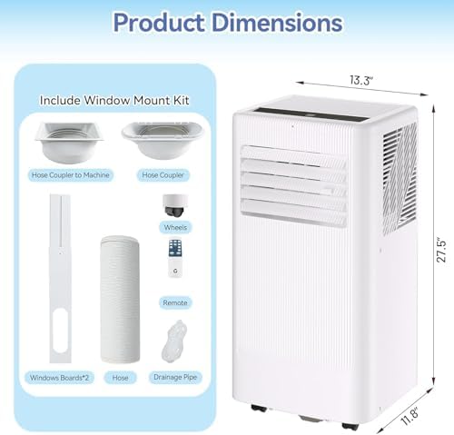 10000 BTU Portable Air Conditioner, Portable AC Unit with Cooling, Dehumidifier and Fan Functions, Cools Up to 560 Sq. Ft., Remote Control, LED Display Included, White Top