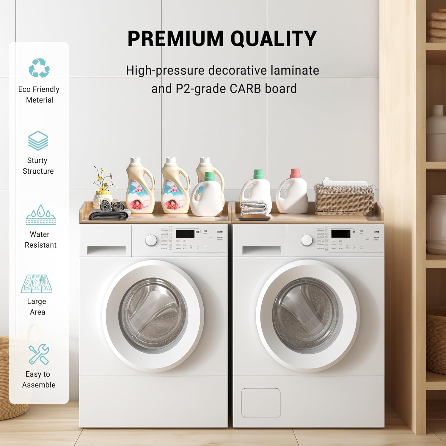 WOLKI Washer Dryer Countertop,Wooden Laundry Countertop Over Washer And Dryer Set Of 2 With Storage Shelf Laundry Room Organization（27.5