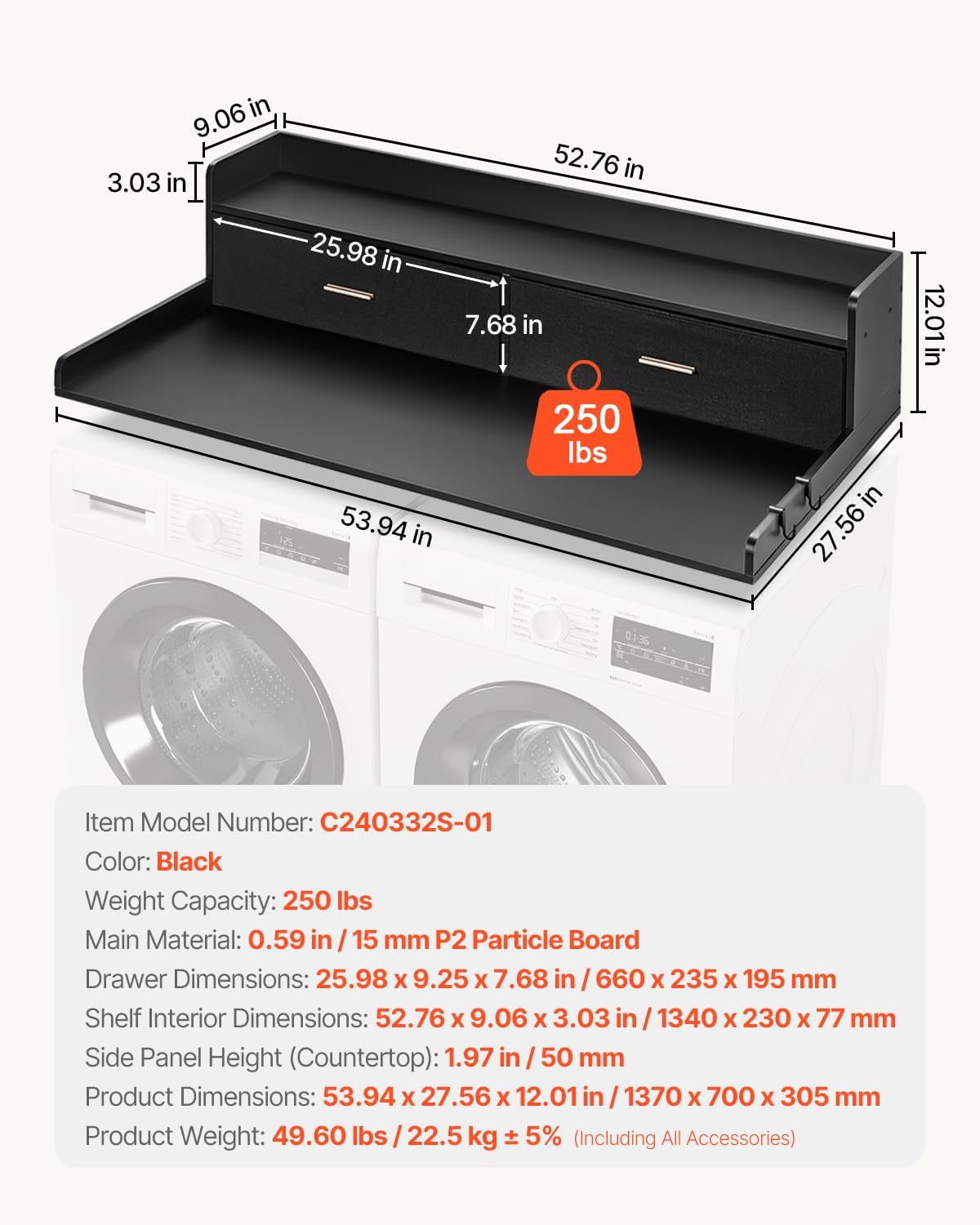 VEVOR 2 Drawers Washer Dryer Countertop with Shelf, 54