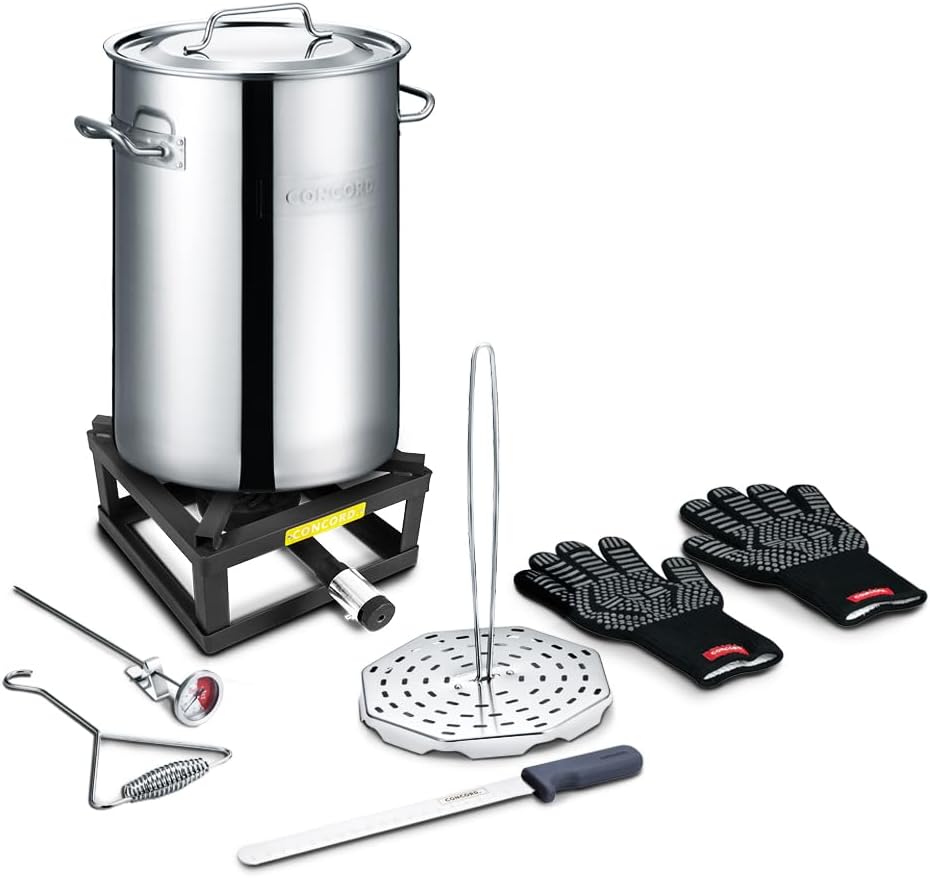 CONCORD Heavy Duty Stainless Steel Turkey Fryer Kit with Rack, Slicer, Hook, Thermometer, and heat proof gloves + CONCORD 12
