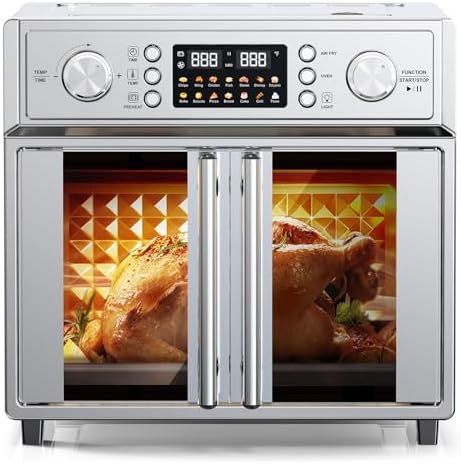 26QT Air Fryer Convection Oven Toaster Oven Combo, 7-in-1 French Door Countertop Oven with 14 Presets, Large Capacity Smart Oven for Baking Roasting Dehydrating and Air Frying Stainless Steel