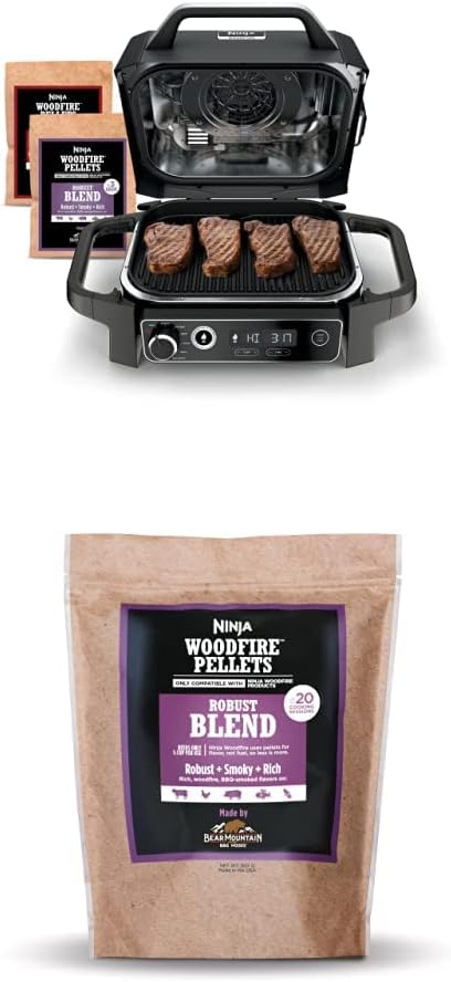 Ninja OG751 Woodfire Pro Outdoor Grill with Built-In Thermometer, 7-in-1 Master Grill, BBQ Smoker&Outdoor Air Fryer plus Bake,Roast, Dehydrate,&Broil,Woodfire Technology,with All Purpose Blend Pellets