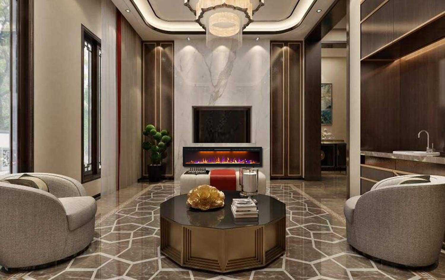 72 inch Electric Fireplace - Ultra Slim Frame - in Wall Recessed & Wall Mounted - Multicolor Flame - Log & Crystal Hearth - 1500/750 Watt Heater - Remote Control & Touch Screen- Timer