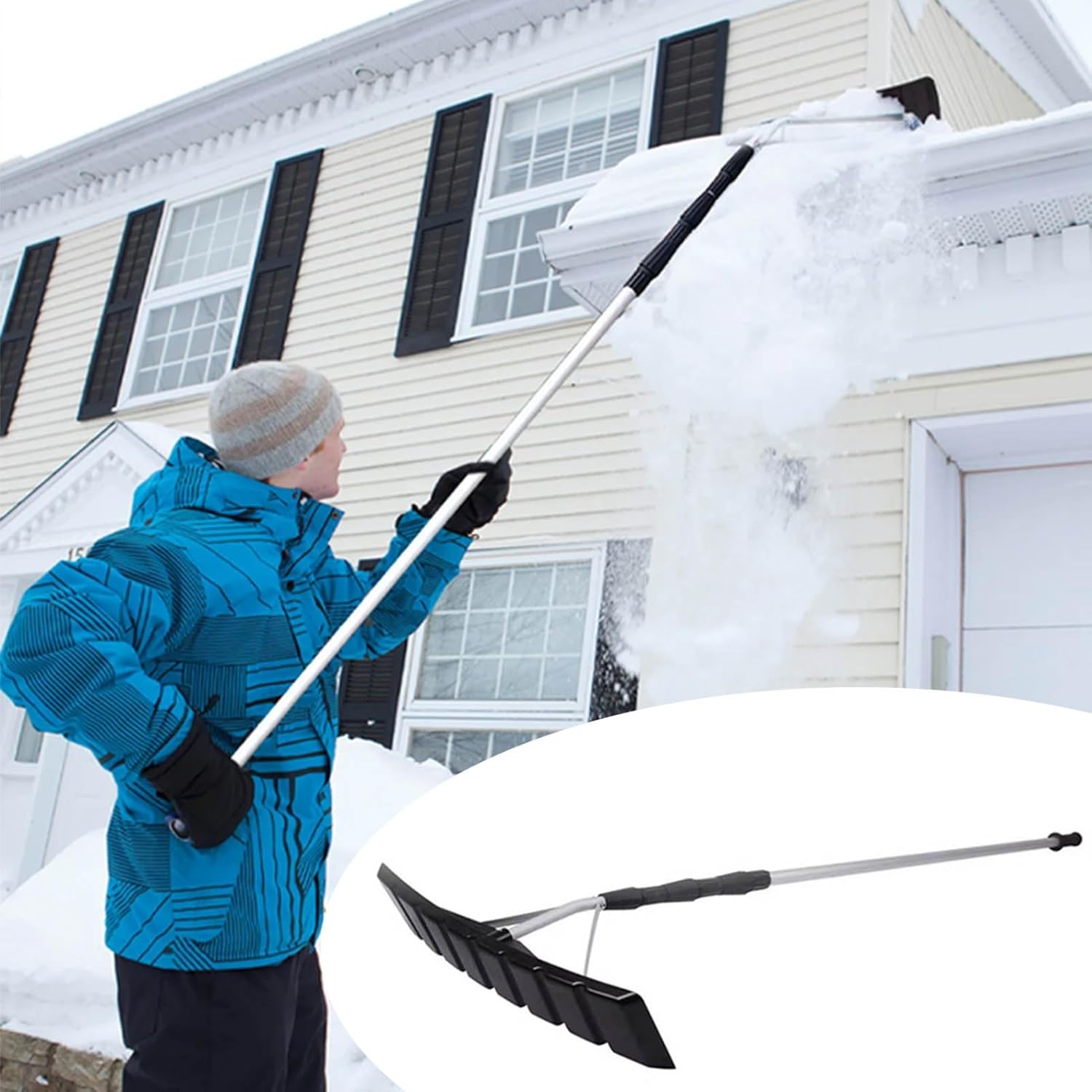 Heavy Duty Porch Roof Snow Clearing Shovel, Extendable Roof Snow Rake Plastic Blade, Powder Snow Scraper for House Roofs, Winter Snow Removal