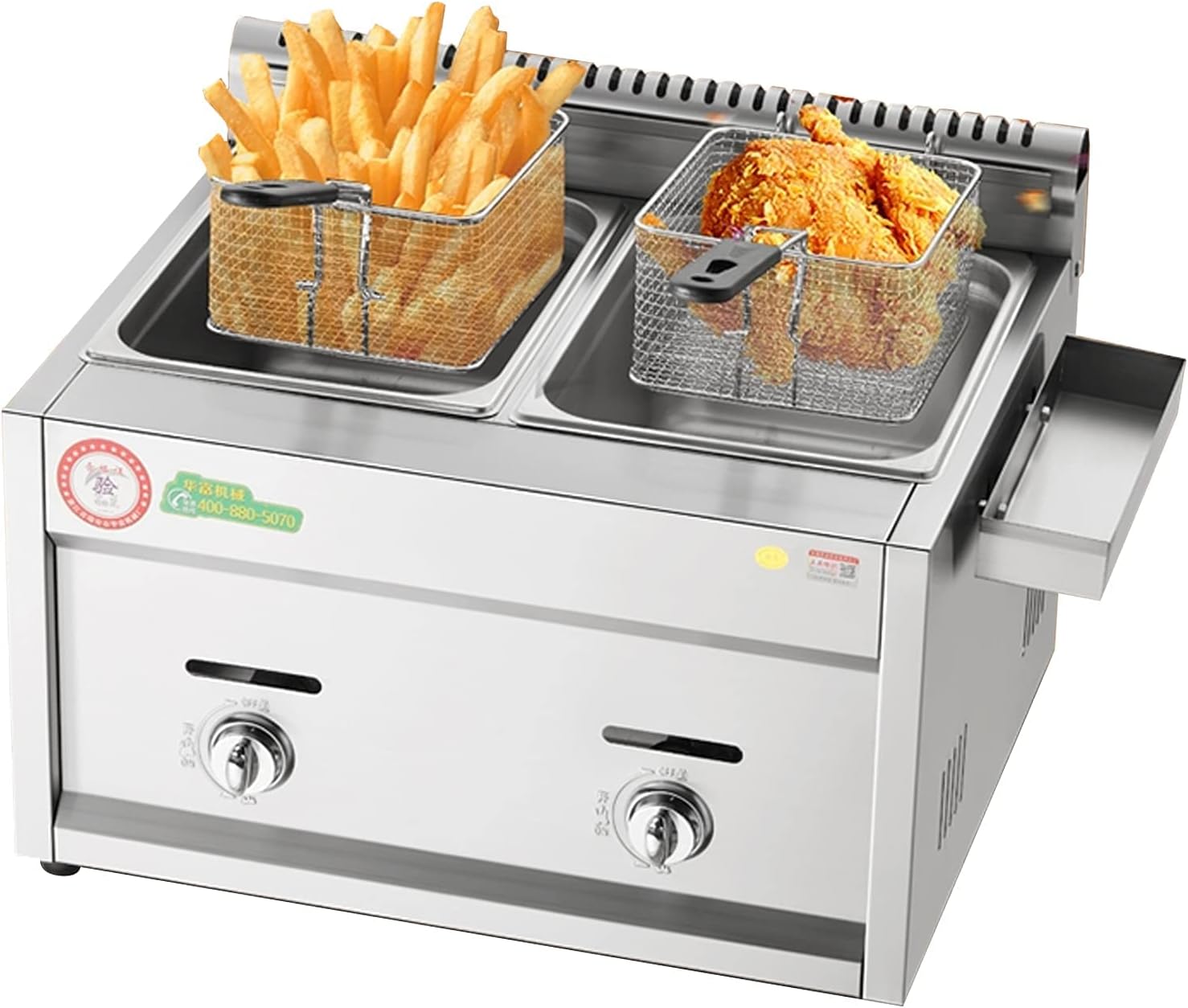 Gas Fryer,Commercial Deep Fat Fryer 12L Stainless Steel LPG Fryer with Cover for Chips Donuts Fish, Easy Clean Removable Chimney