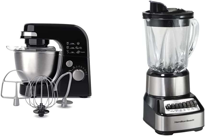 Hamilton Beach Electric Stand Mixer, 4 Quarts, Dough Hook, Flat Beater Attachments, Splash Guard 7 Speeds & Wave Crusher Blender with 40 Oz Glass Jar and 14 Functions for Puree, Stainless Steel