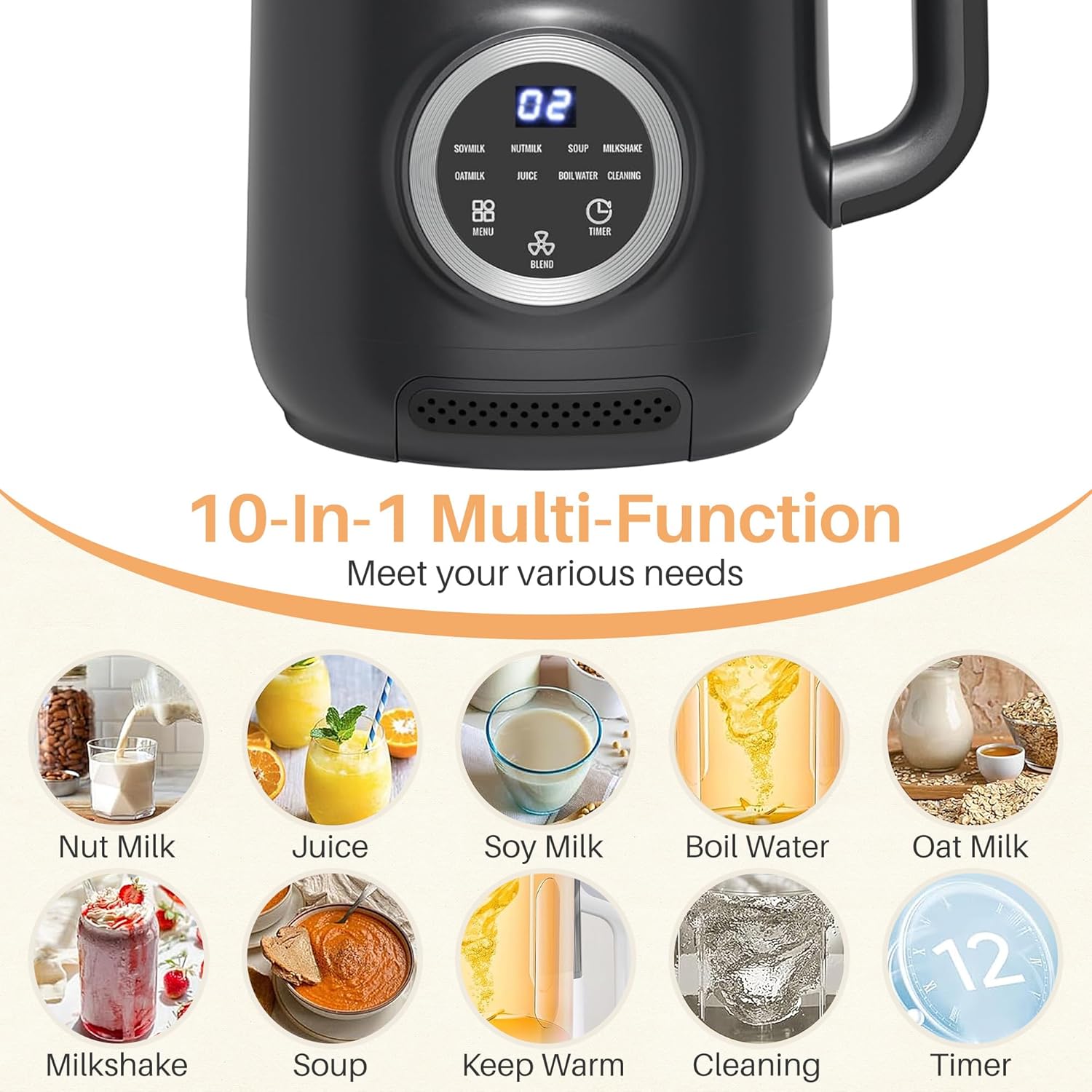 10-in-1 Nut Milk Maker, Electric Bean and Nut Milk Machine, 40oz Soy Milk Maker Blender for Homemade Almond, Oat, Soy, Coconut, Juice, Milkshake with Delay Start/Boil Water/Keep Warm/Auto-Clean