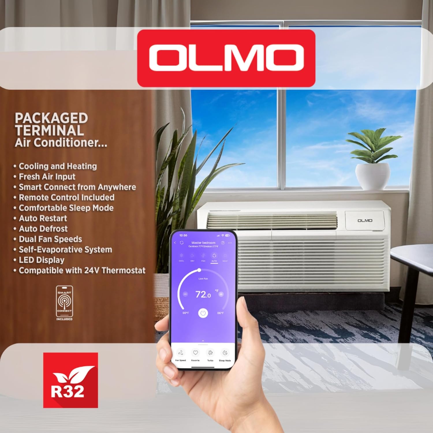 OLMO 9,000 BTU PTAC – Heating & Cooling – Packaged Terminal Air Conditioner & Heat Strip – Built-In 3.5kW Electric Heater – Includes Wireless Smart Kit, Remote & Power Cord – R-32 Refrigerant