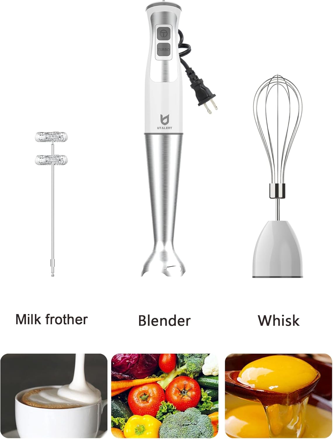 Immersion Hand Blender, UTALENT 3-in-1 8-Speed Stick Blender with Milk Frother, Egg Whisk for Smoothies, Coffee Milk Foam, Puree Baby Food, Sauces and Soups - White