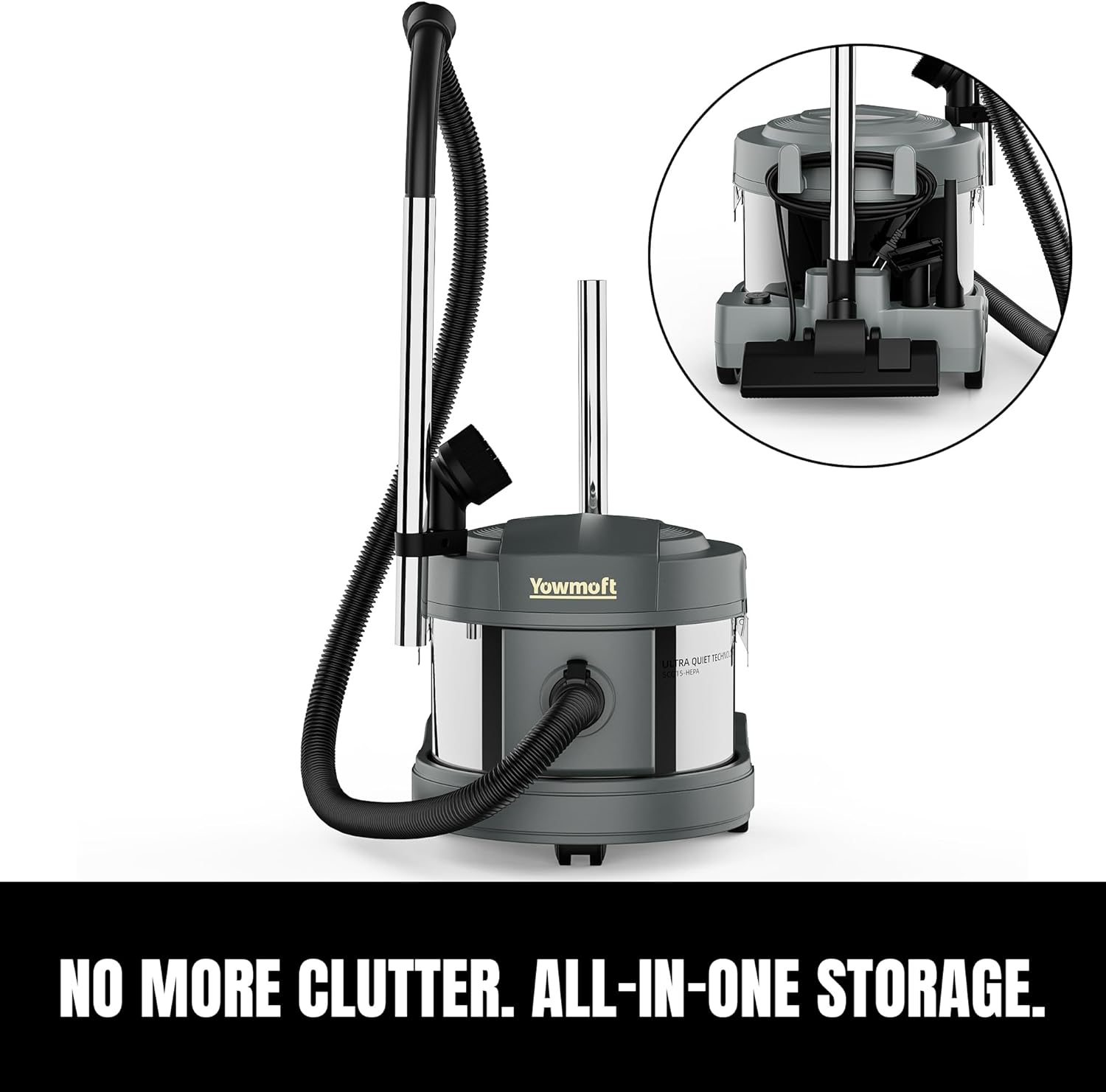 4 Gallon Canister Vacuum, 800W Ultra-Quiet Canister Vacuum Cleaner, 35Ft. Cord, Model SCQ15-HEPA, Gray-Gold