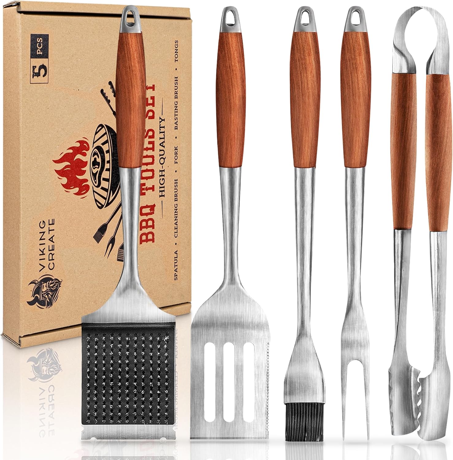 BBQ Grilling Accessories - Barbecue Tool Sets - Luxury Grill Accessories Kit - Grill Set – Premium Stainless Steel Equipment - 5 in 1 BBQ Tongs, Meat Fork, Spatula & Basting Brush