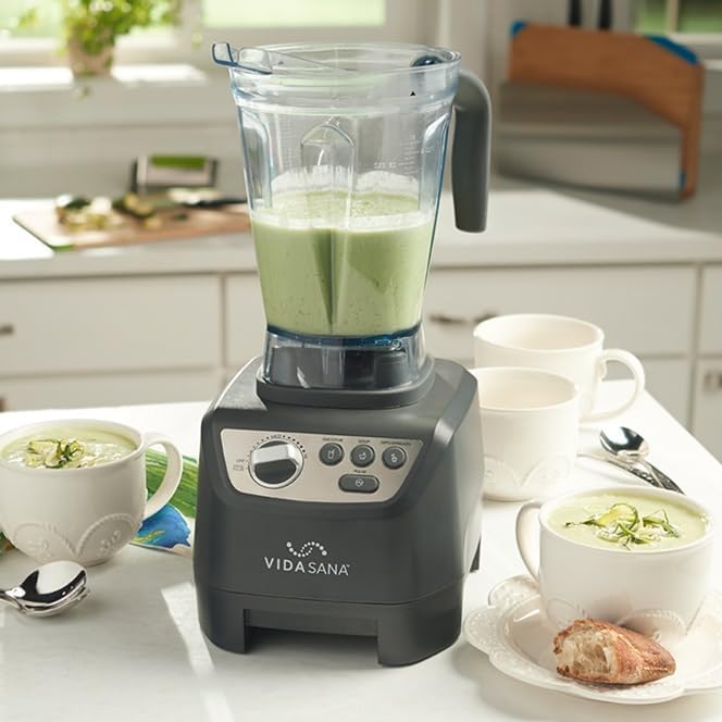 Princess House Vida Sana Blender for Smoothies, Soups, Dips and More, 1500 Watts, Stainless Steel Blade, 4 Preset Functions, Large, Grey