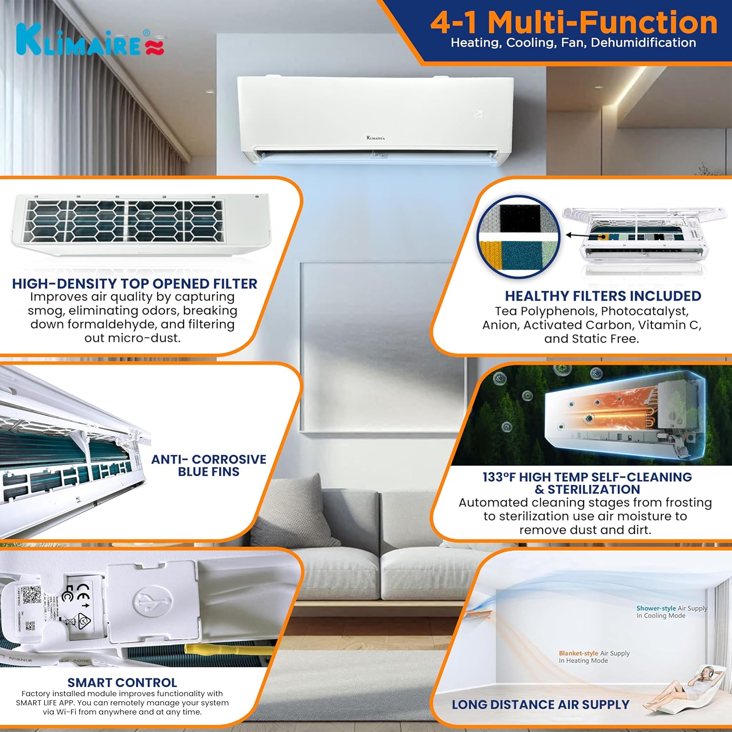 Klimaire 12,000 BTU 22 SEER2 Wall Mounted Ductless Mini Split Inverter A/C Heat Pump System w/ 16’ Installation Kit & Wall Mounting Bracket 115V