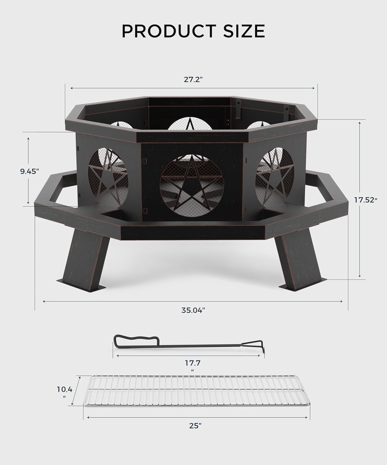 35 inch Fire Pit, Large Firepits for Outside Wood Burning Fire Pits with Cooking Grill, Outdoor Fire Pit Octagonal Heavy Duty Firepit with Poker for Bonfire, Backyard, Patio, Bronze