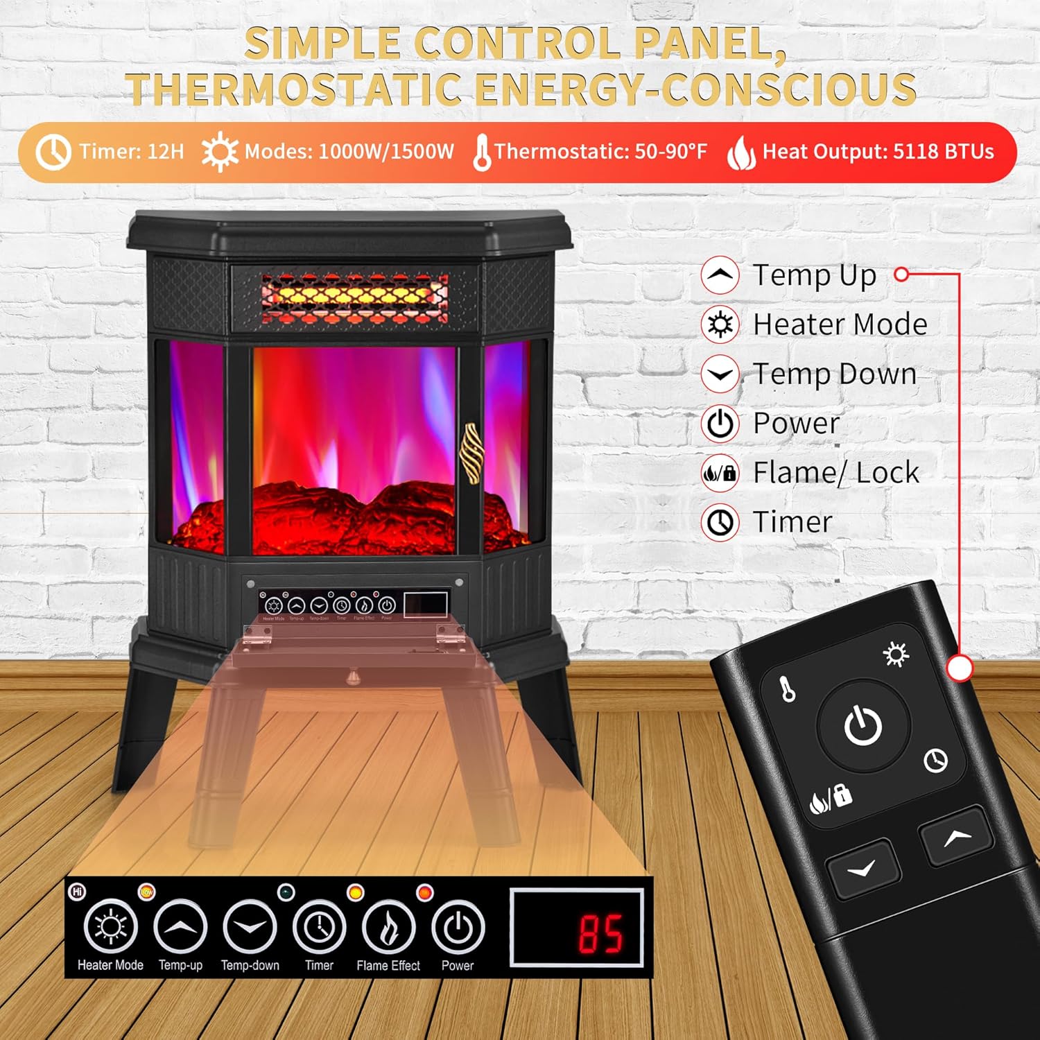 RealSmart Electric Fireplace Heater 22 in Freestanding Fireplace Stove Infrared Quartz Fireplace for Idoor Use with 3D Flame Effect Remoted Control, Timer, Overheating Protection Black