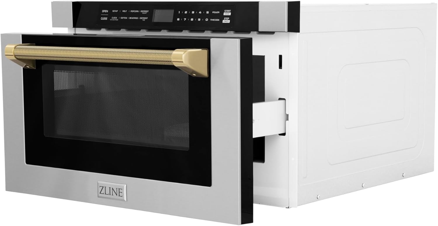 ZLINE Autograph Edition 24 in. 1.2 cu. ft. Built-in Microwave Drawer in Stainless Steel and Polished Gold Helix Handle (MWDZ-1-H-KG)