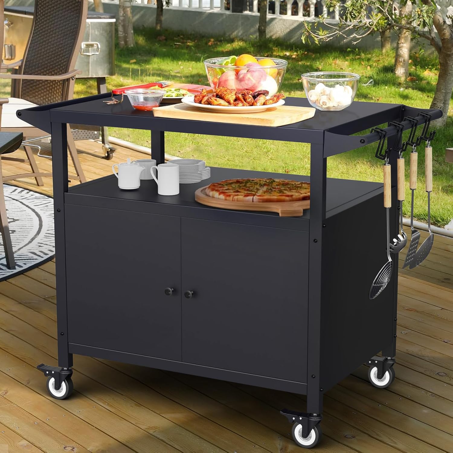 Outdoor Grill Table with Storage, Movable Grill Cart, Outdoor Kitchen Island Prep Stand Station,Blackstone Griddle Stand, BBQ Serving Cart Rolling Bar Cart with 4 Utensil Hooks 1