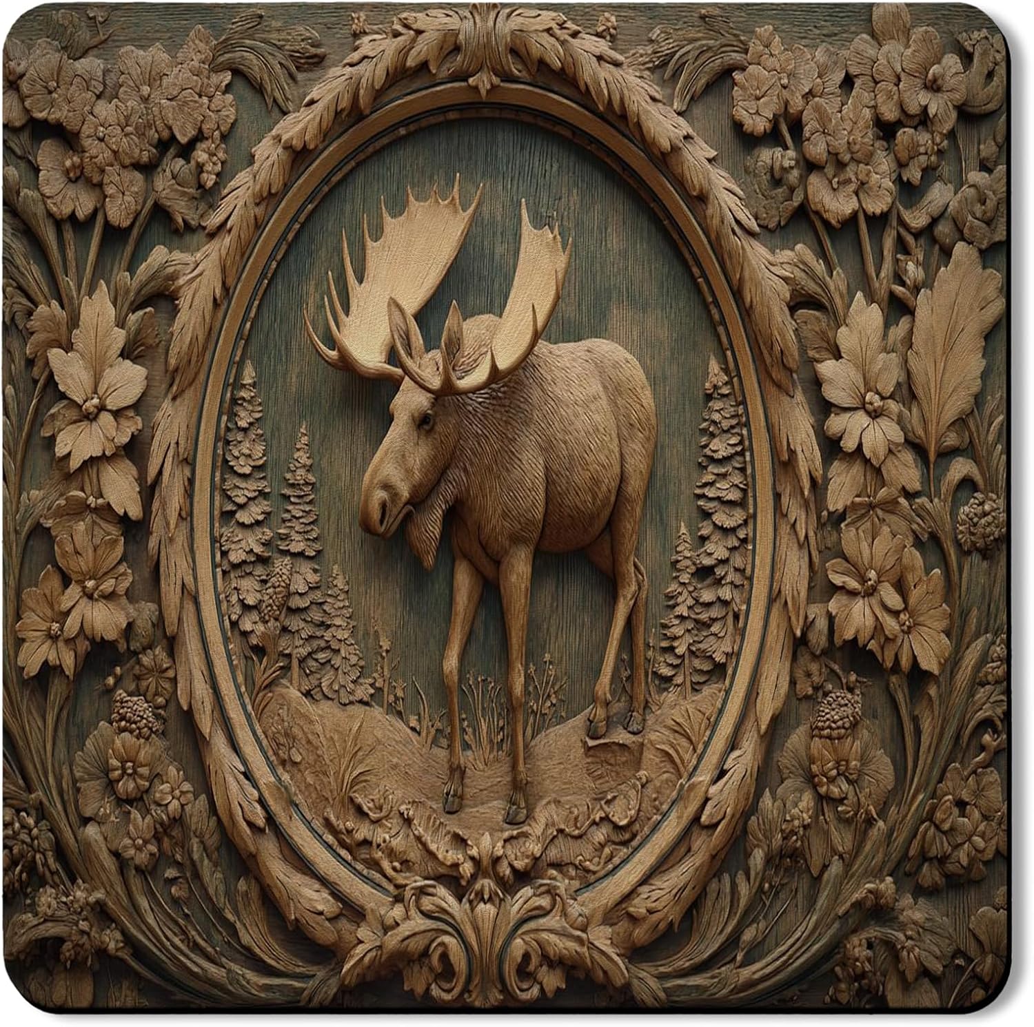 Moose Washer Dryer Top Protector Mat, Rustic Wood Carving Laundry Machine Dust Covers, Nature-Inspired Rubber Anti-slip Waterproof Washer And Dryer Mats for Laundry Room 24x24 Inch