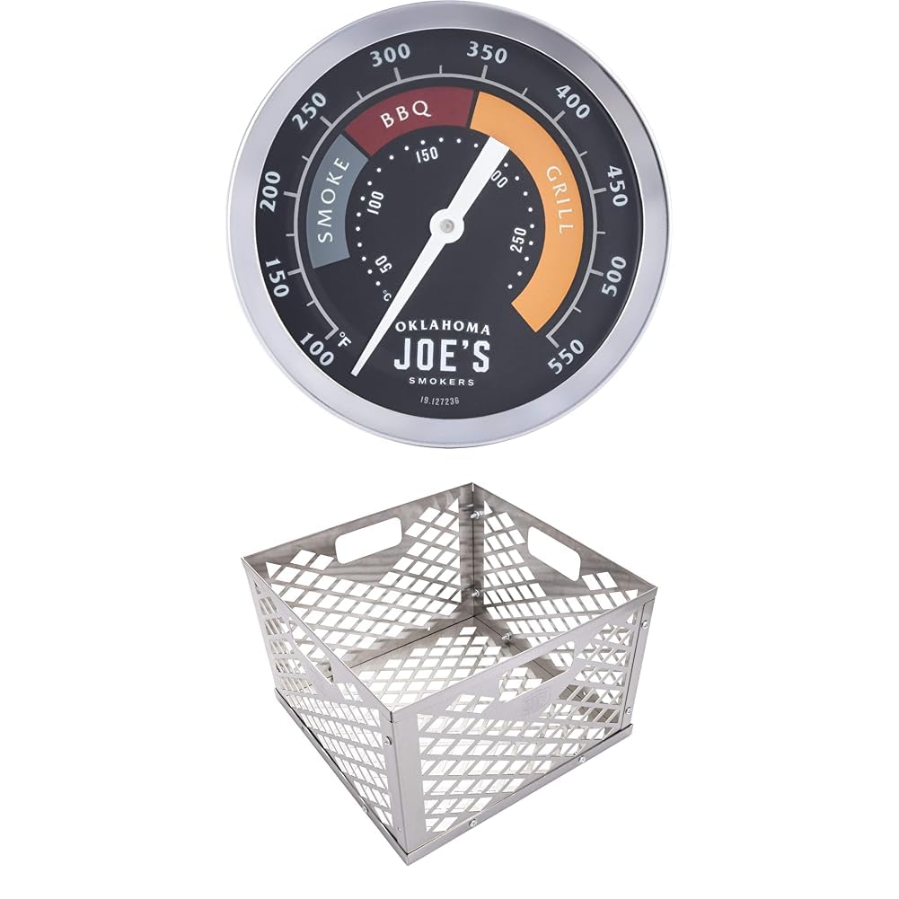 Oklahoma Joe's Analog Temperature Gauge + Stainless Steel Offset Smoker Charcoal Firebox Basket