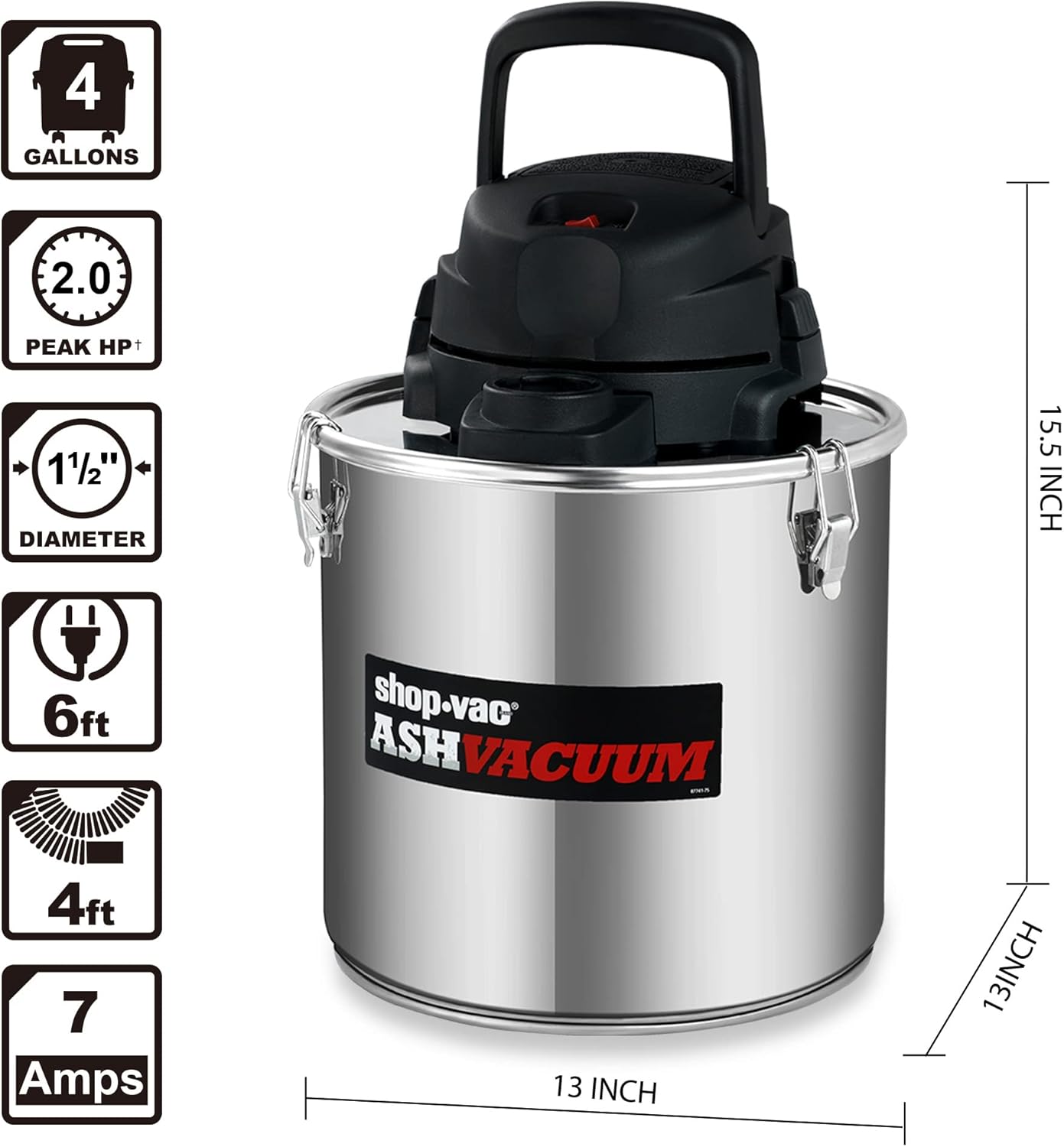 Shop-Vac 4 Gallon 2.0 Peak HP Ash Vacuum, 7.0 Amps Ash Vac Cleaner with HEPA Filter, Hose and Accessories for Fireplaces, Wood Stoves, Pellet Stoves and BBQ Grills. 4040988