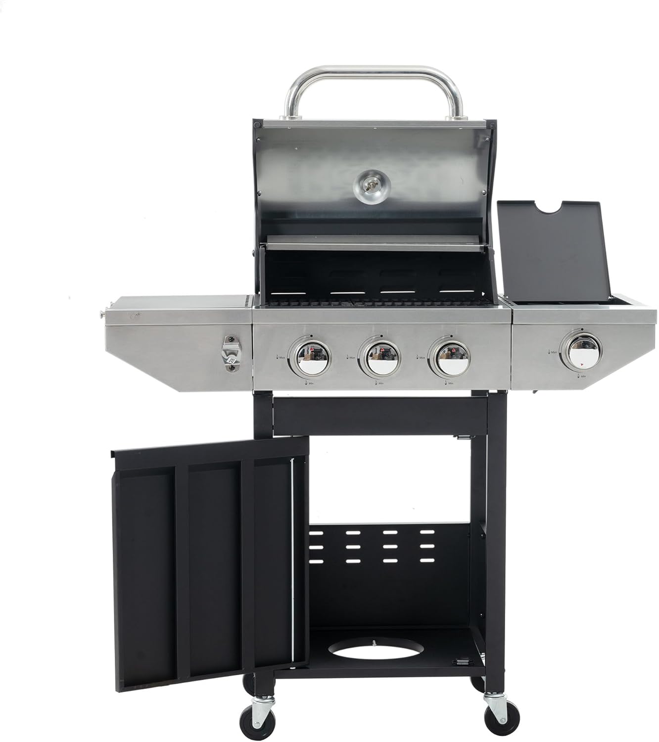 Propane Gas Grill with 3 Stainless Steel Burners, 37150 BTU Outdoor BBQ Grill, Built-in Thermometer, Side Burner for Searing, Heavy-Duty Cast Iron Grates, Even Heating,Ideal for Camping and Patio