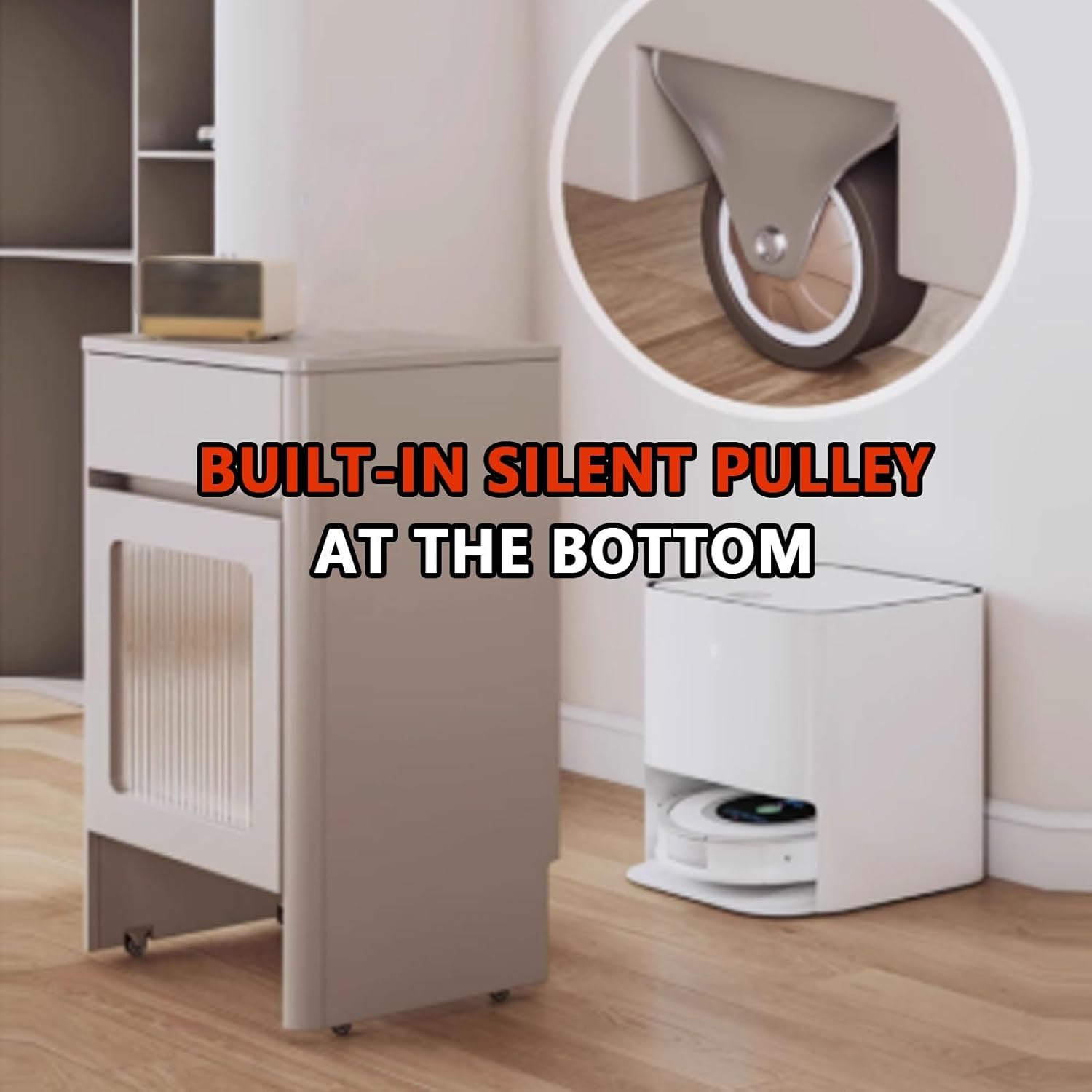 Storage Cabinet Movable Robot Vacuum Stand Cabinet 2-Door Design with Silent Rollers Side Table for Living Room, Home Office Easy to Assemble 53 * 44 * 81CM(Natural)
