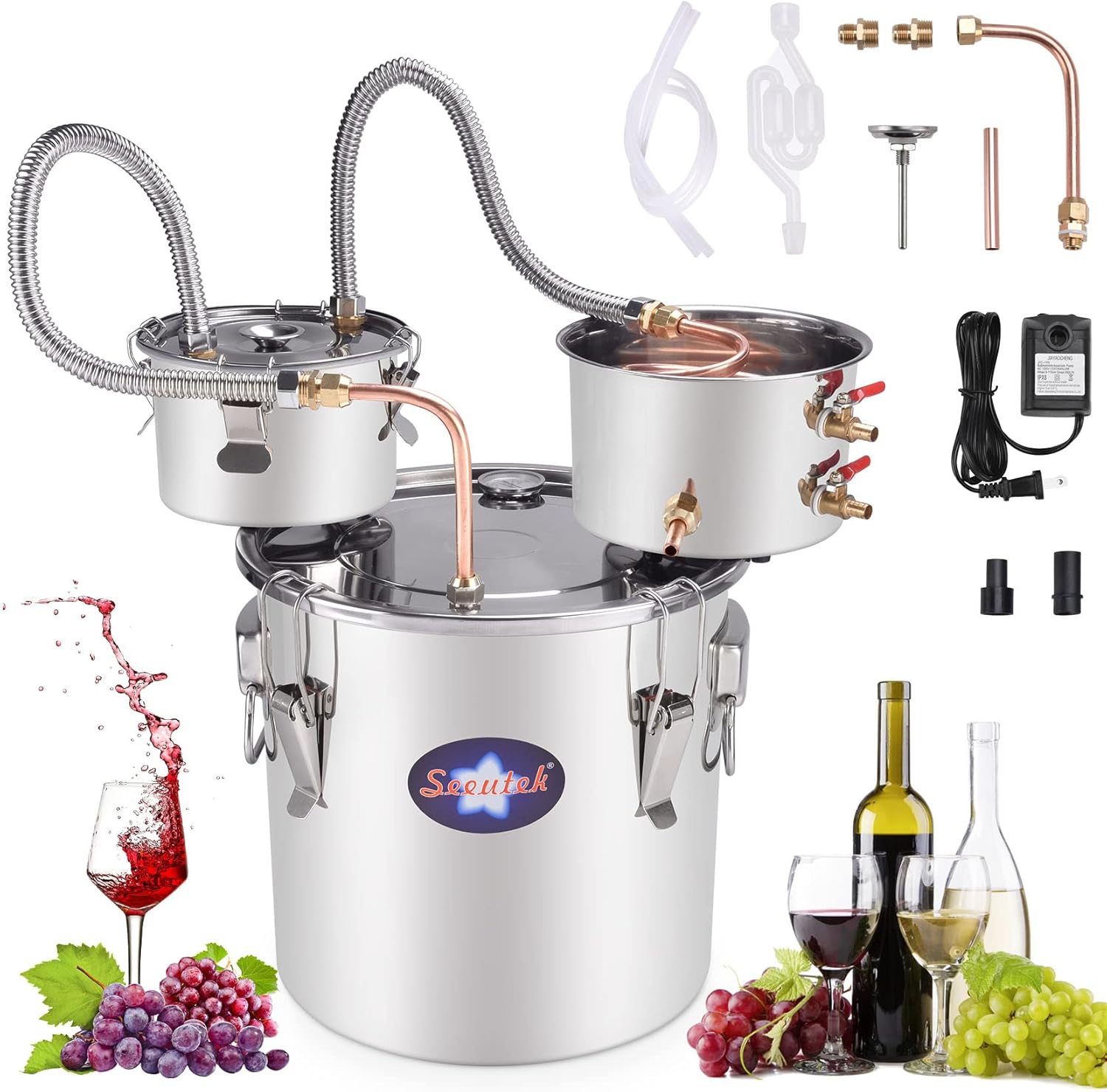 Suteck Alcohol Still, 13.2 Gal 50 L Stainless Steel Copper Still with Thumper Keg and Build-in Thermometer for Home Brewing, DIY Whisky Brandy, Happy New Year Gifts, Included Pump