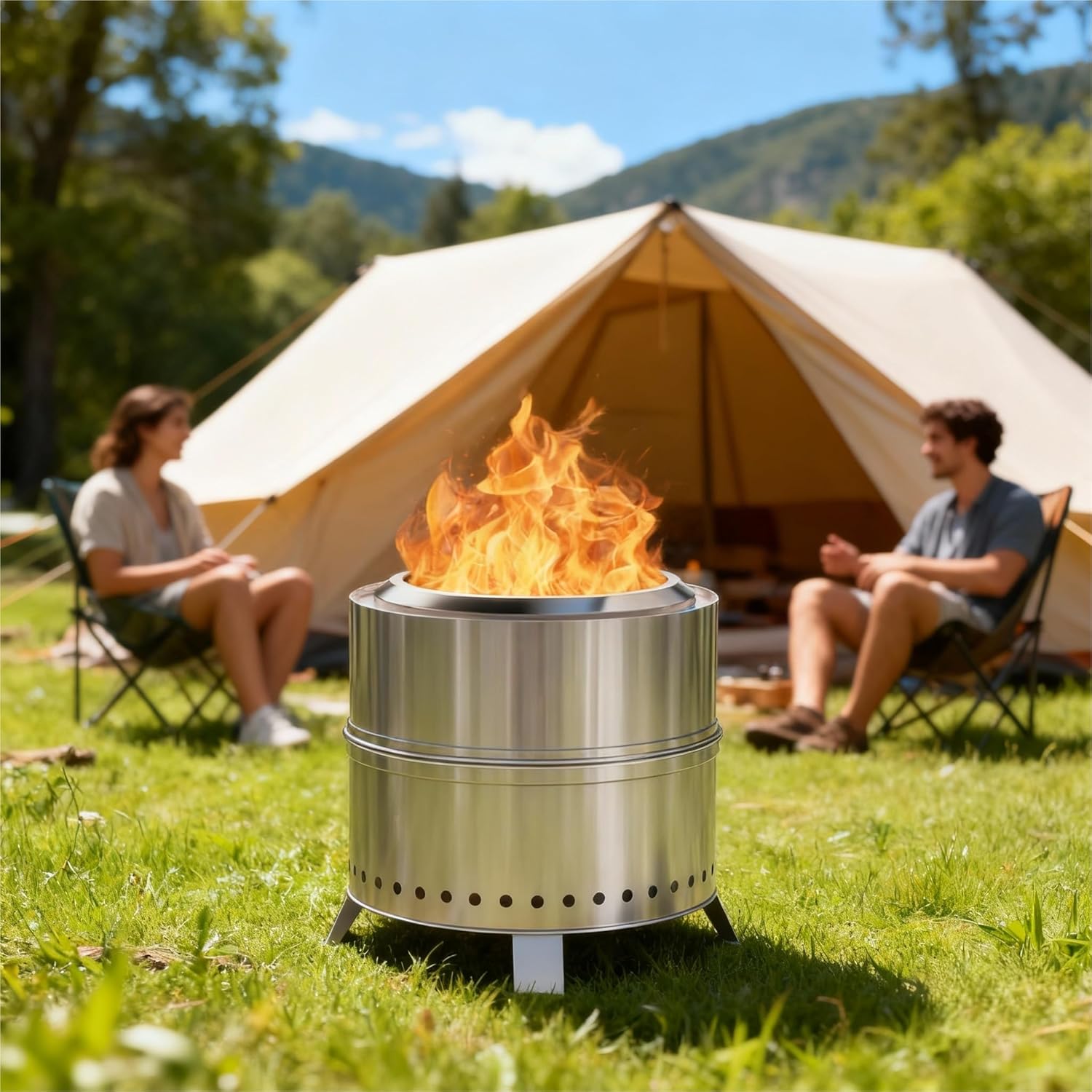 Breezz Smokeless Fire Pit 19.3 Inch Stainless Steel Outdoor Wood Burning Firepit with Carry Bag, Portable Bonfire Stove for Backyard, Patio, Camping, and Picnic, Efficient Airflow & Low Smoke Design