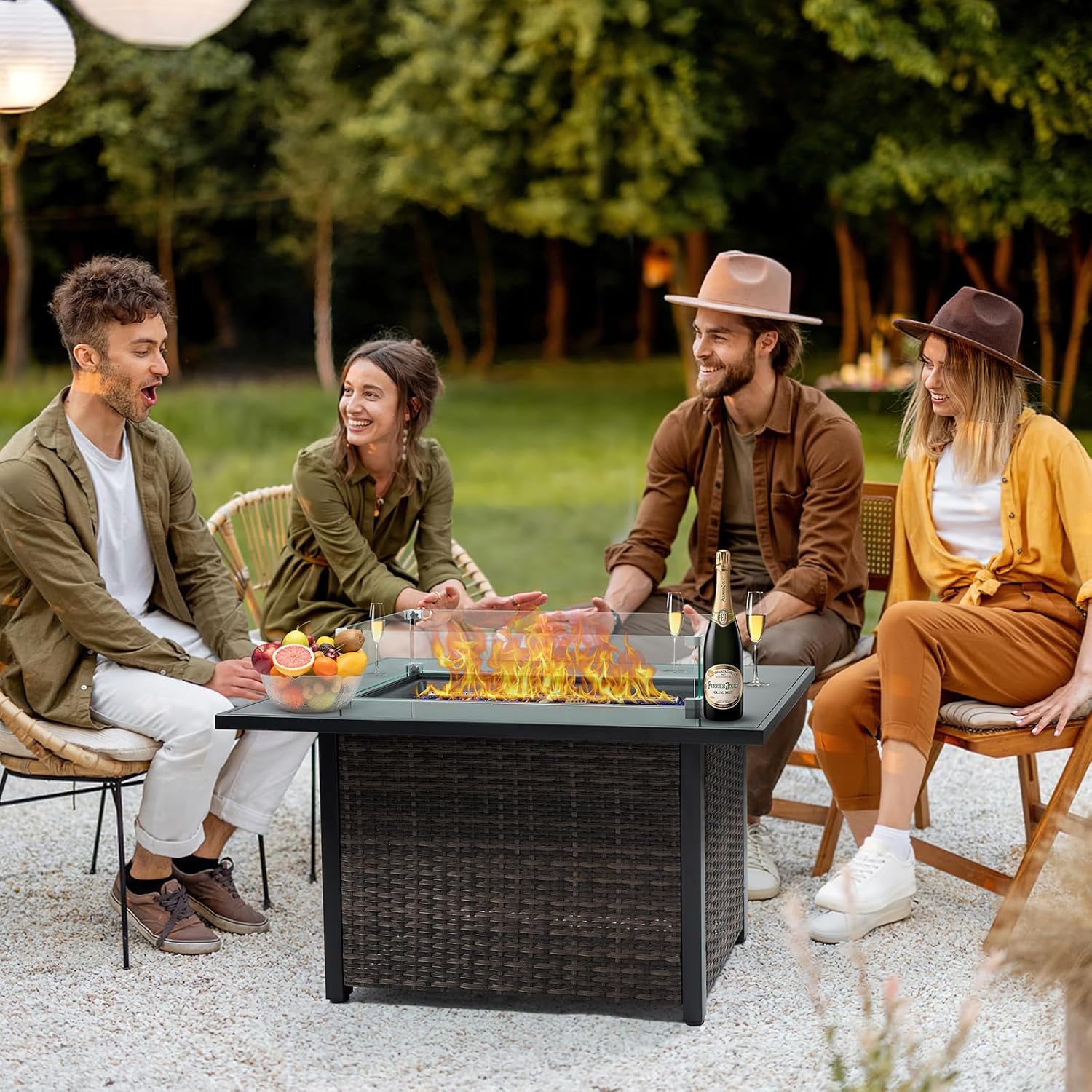 Outdoor Fire Pit 50,000 BTU Propane Gas Fire Table with Lid Fireplace with Glass Wind Guard Wicker Base for Garden, Patio, Backyard, 44