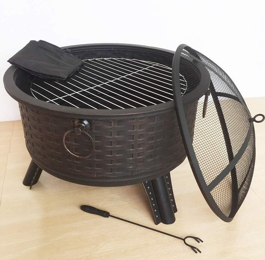 Outdoor Fire Pit Patio Fire Steel BBQ Grill Fire Pit Bowl with Mesh Spark Screen Cover Log Grate Poker for Camping Picnic Bonfire Patio