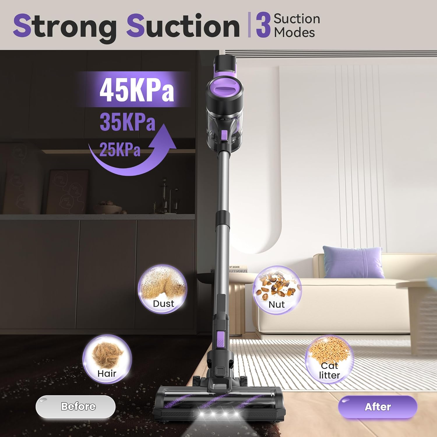 DEVOAC Cordless Vacuum Cleaner for Home, 45Kpa Lightweight Stick Vacuum with Powerful Suction, Rechargeable Battery Up to 50mins, Handheld Vacuum Cleaners for Hardwood Floor, Carpet, Pet Hair