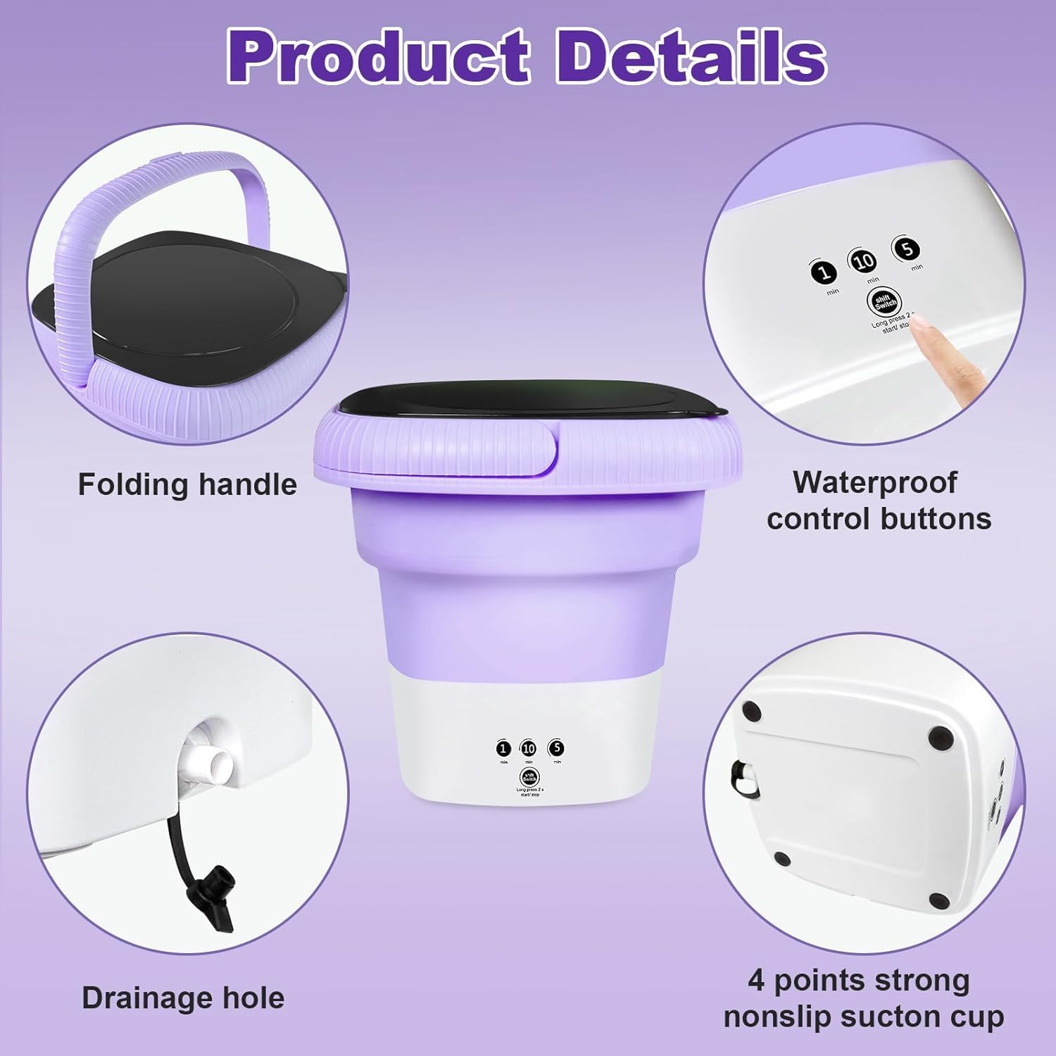 6.5L Folding Washing Machine,Portable Washing Machine,Small Washer with 3 Modes Deep Cleaning & Spin-dry,Easy to Carry,Suitable for Apartments, Dormitories, Camping, RV, Travel,Hotels-Purple
