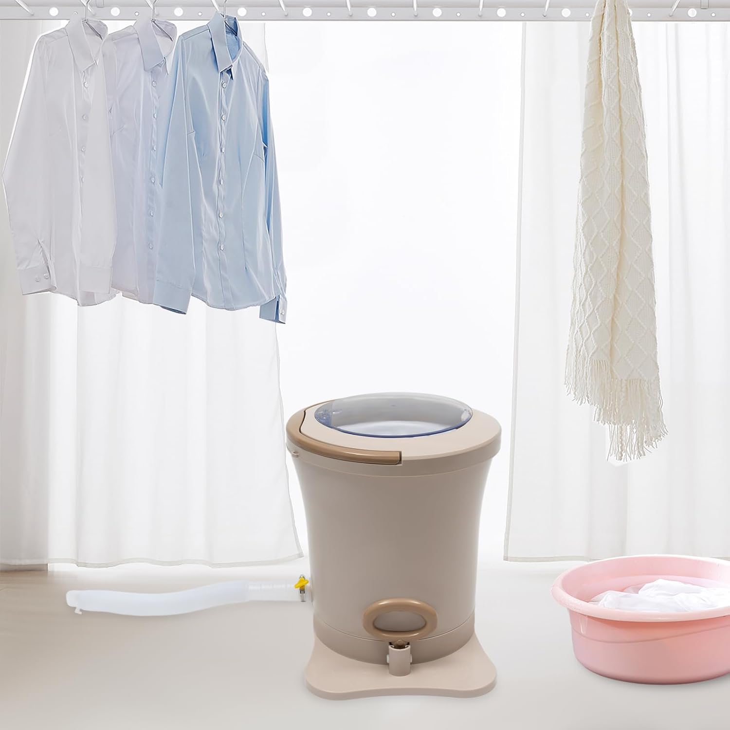 Manual Clothes Dryer Portable Mini Dryer for Clothes, Foot Powered Compact Spin Dryer Machine, Non Electric Laundry Dryer for RV, Camping, School, Apartment, Dorm(Khaki)