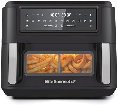Elite Gourmet Dual Zone Air Fryer Oven, 11QT Capacity with Divider, PFAS Free Nonstick, SYNC FINISH, 10 Preset Functions, Bake, Roast, Broil, Air Fry, Toast, Dehydrate, 1600W, with 25 Recipes, Black