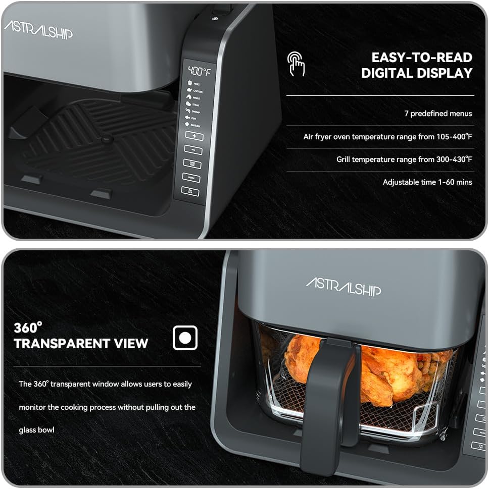 Astralship Glass Air Fryer, 2-in-1 Flip Airfryer & Grill Combo, Non-Toxic Teflon Free (No Plastic Smell), 360° Visible Cooking, 7 Presets, Compact for 1-2 People, 5.5QT Total Capacity, Dishwasher Safe