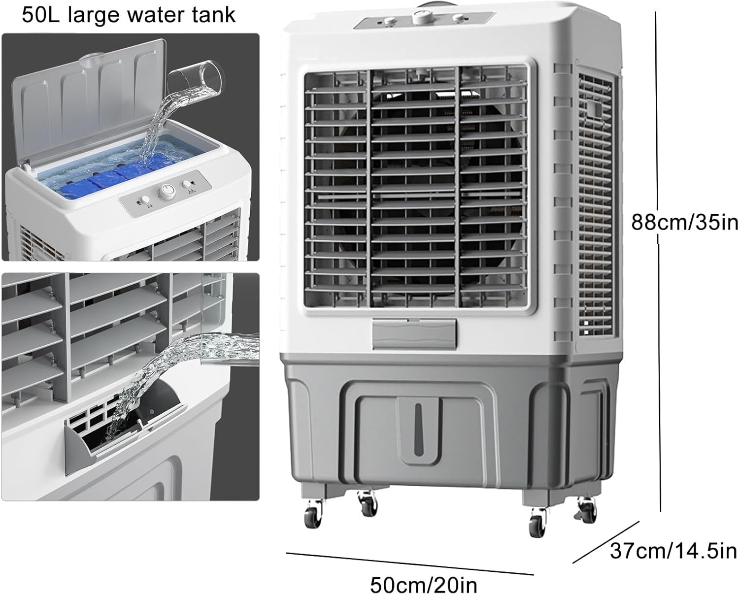 Evaporative Air Cooler Portable Air Conditioner, Fan Cooler with 120° Oscillating, 3 Wind Speeds, Evaporative Cooler for Outdoor Indoor Use(Size:88cm-50L)