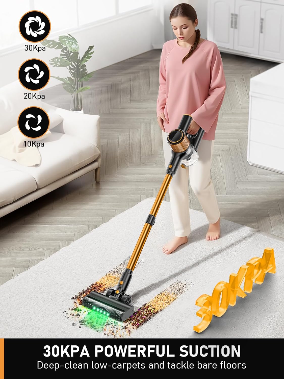 Cordless Vacuum Cleaner, 30Kpa 8 in 1 Lightweight Stick Vacuum with Sofa Brush, 350W Motor, Anti-Tangle Brush with Green Light, 40mins Runtime Rechargeable Vacuums for Hardwood Floor, Carpet, Pet Hair