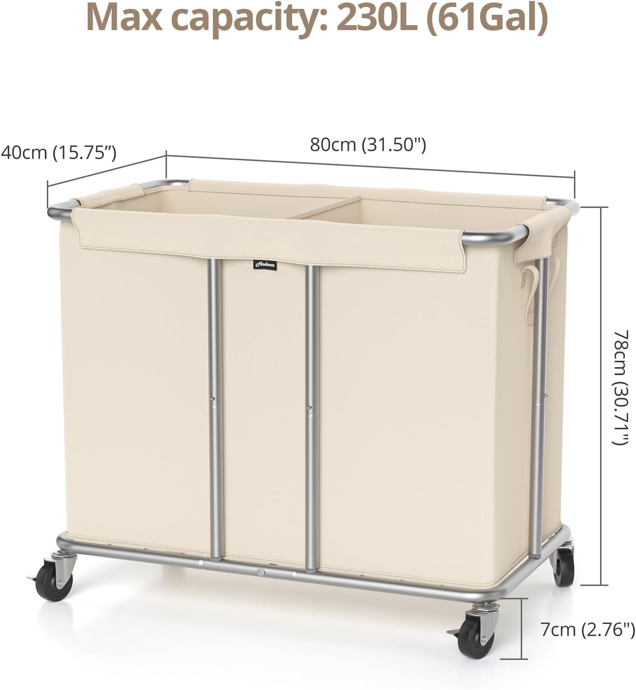 230L Rolling Laundry Hamper, 2-Section Laundry Basket with Wheels, 61 Gallons Laundry Sorter with Metal Structure and Removable Liner, Clothes Hamper for Laundry Room, Bathroom, Bedroom, Beige