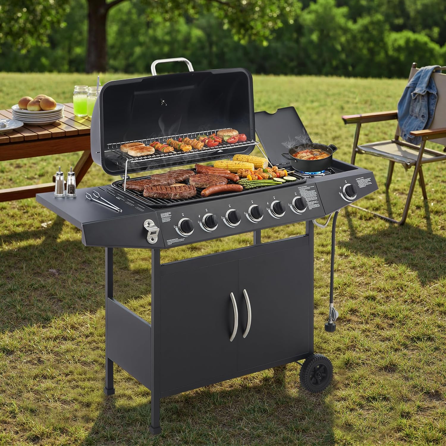 2 Burner Propane Gas Grill with Side Burner, Stainless Steel Outdoor BBQ Grill with Enameled Grates & Side Tables, Portable for Patio Backyard Garden Balcony Cooking (Black, 6 Burner,59000 BTU)