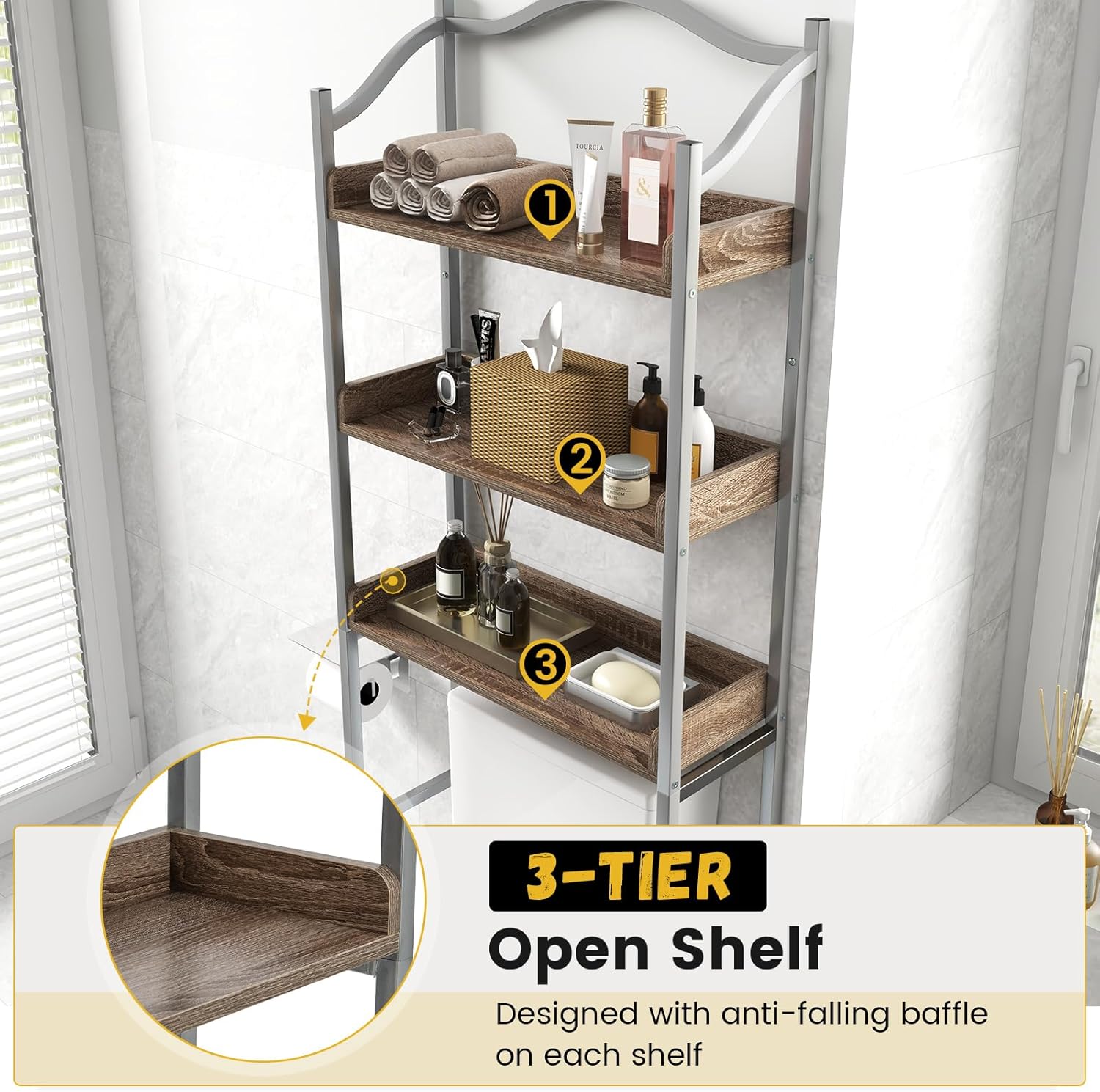 Giantex 3-Tier Over-The-Toilet Rack, Freestanding Bathroom Space Saver W/ 3 Open Shelves & Sturdy Metal Frame, Mid-Century Storage Rack for Bathroom, Laundry Room, Easy Assembly (Sliver)