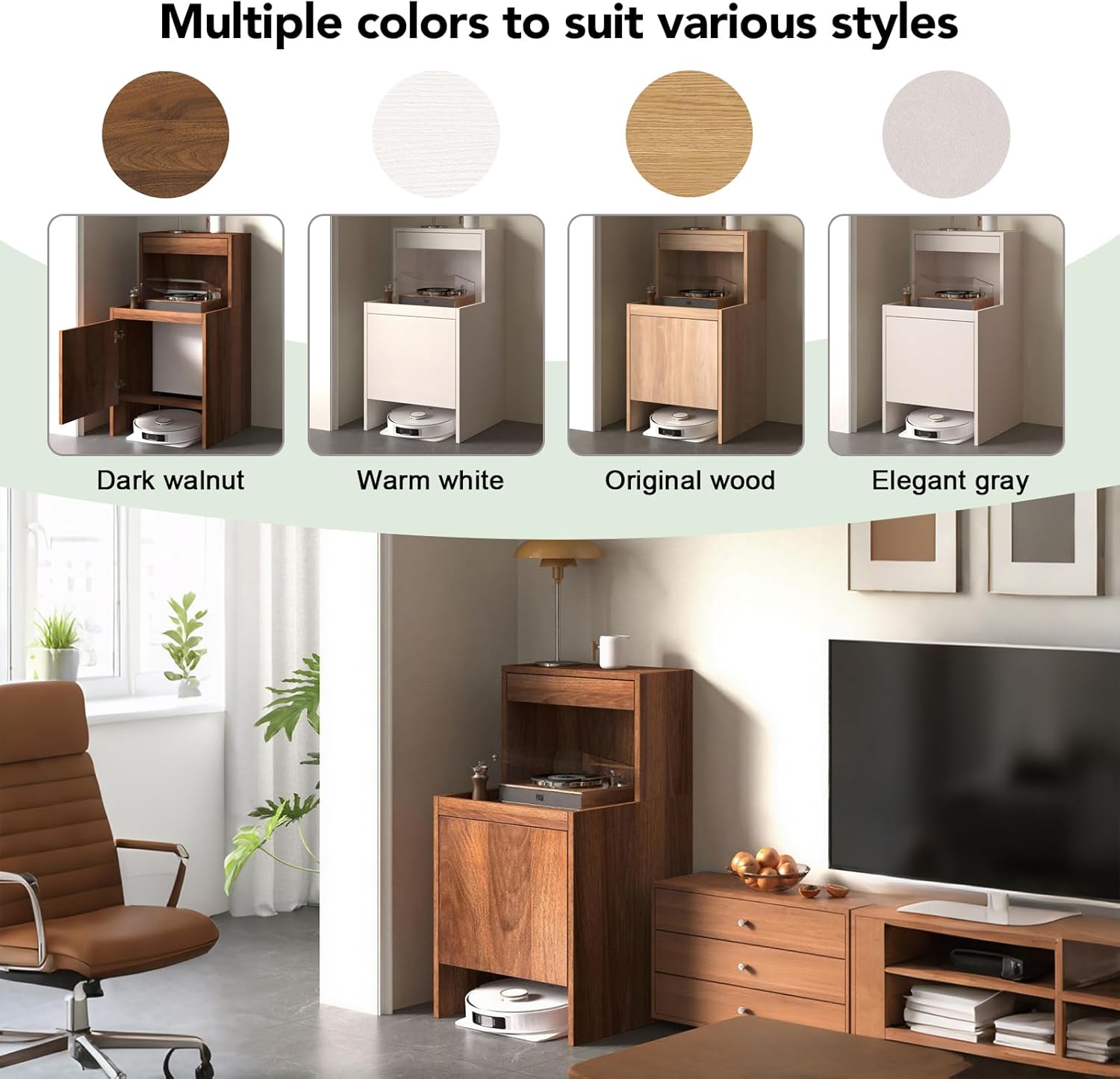 Robot Vacuum Cabinet, Wood Hidden Robot Vacuum Storage Cabinet with Doors, Side Table for Living Room Kitchen Office, Easy Water Changing