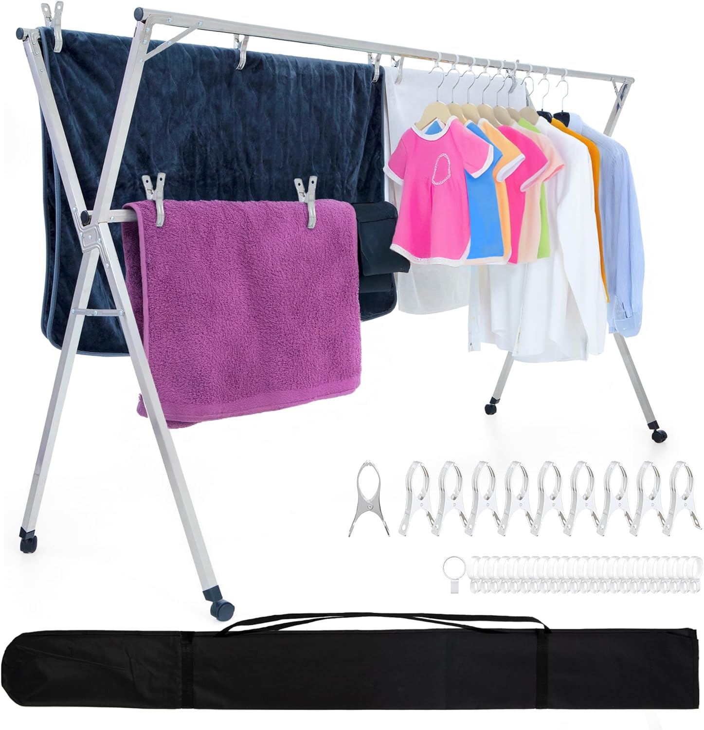 Clothes Drying Rack – 95-Inch Expandable Stainless Steel Laundry Hanger with Wheels Foldable & Heavy-Duty | Indoor Outdoor Use | Includes 20 Windproof Clips + 10 Large Pegs