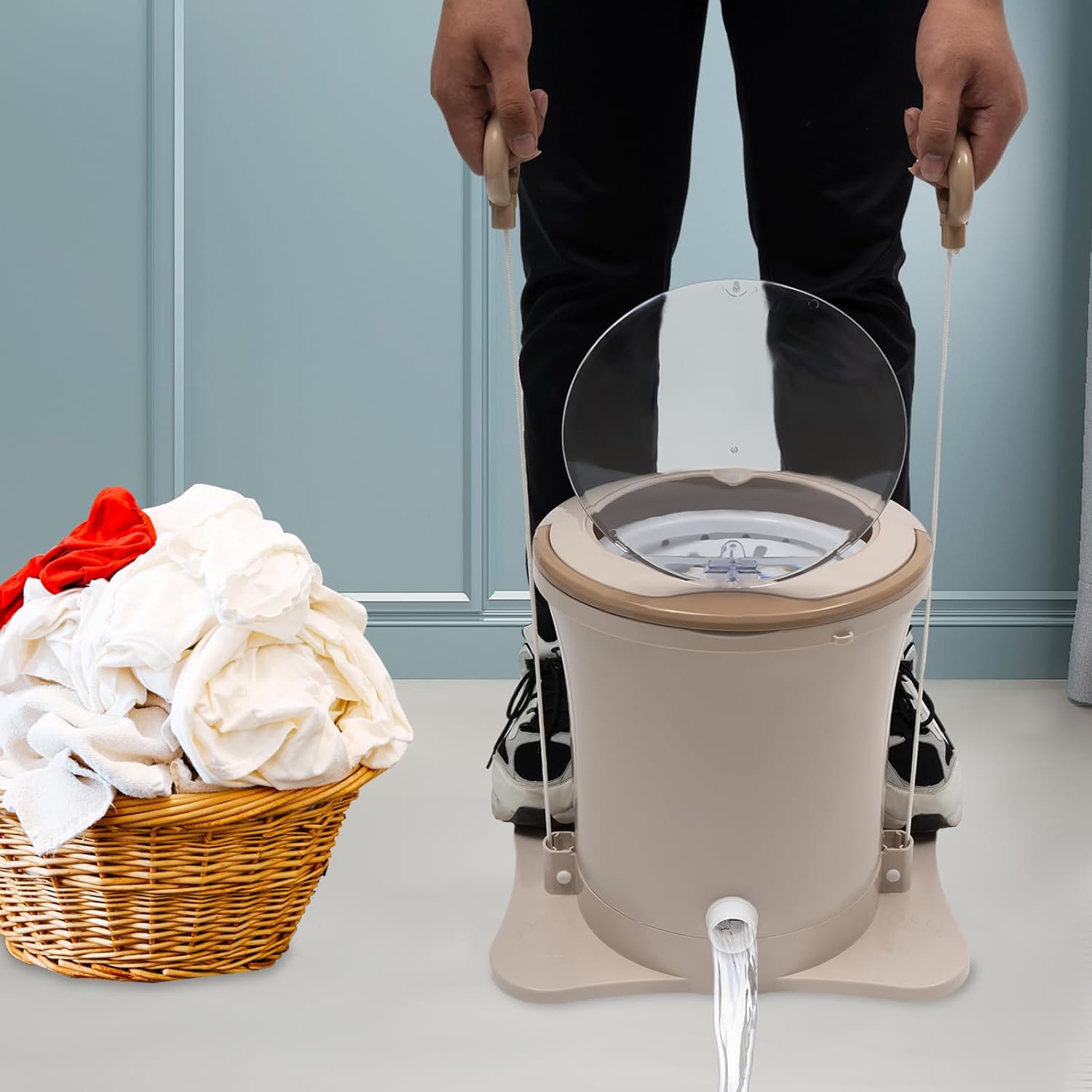 Manual Washing Machine, Portable Foot Operated Non-Electric Dehydrator, Compact Washer Spin Dryer, Manual Draw Cord Dryer for Home, Dorm, Apartment, RV, Travel, Outdoor Use (Light Pink)